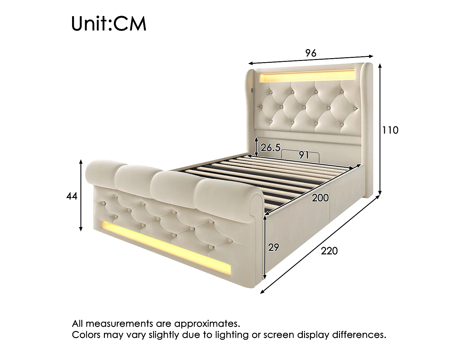 Lit simple capitonné 90x200 cm, velours beige, avec LED, ports USB et Type-C, rangement hydraulique, sans matelas