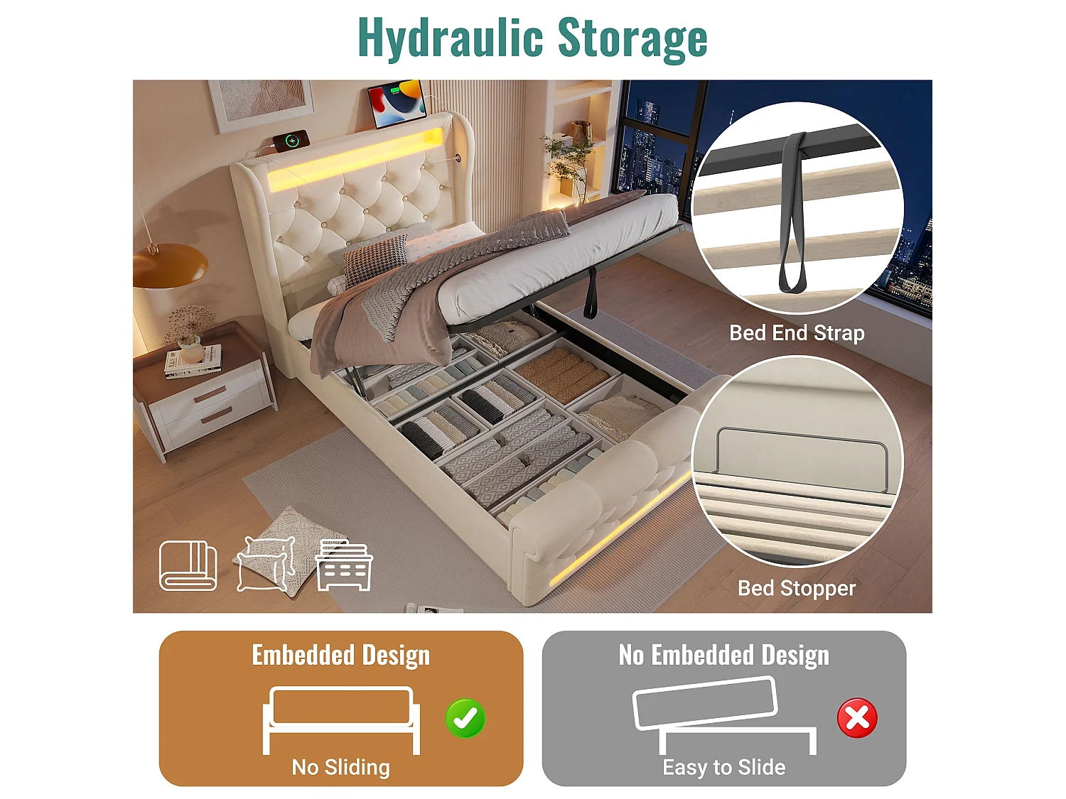 Lit simple capitonné 90x200 cm, velours beige, avec LED, ports USB et Type-C, rangement hydraulique, sans matelas