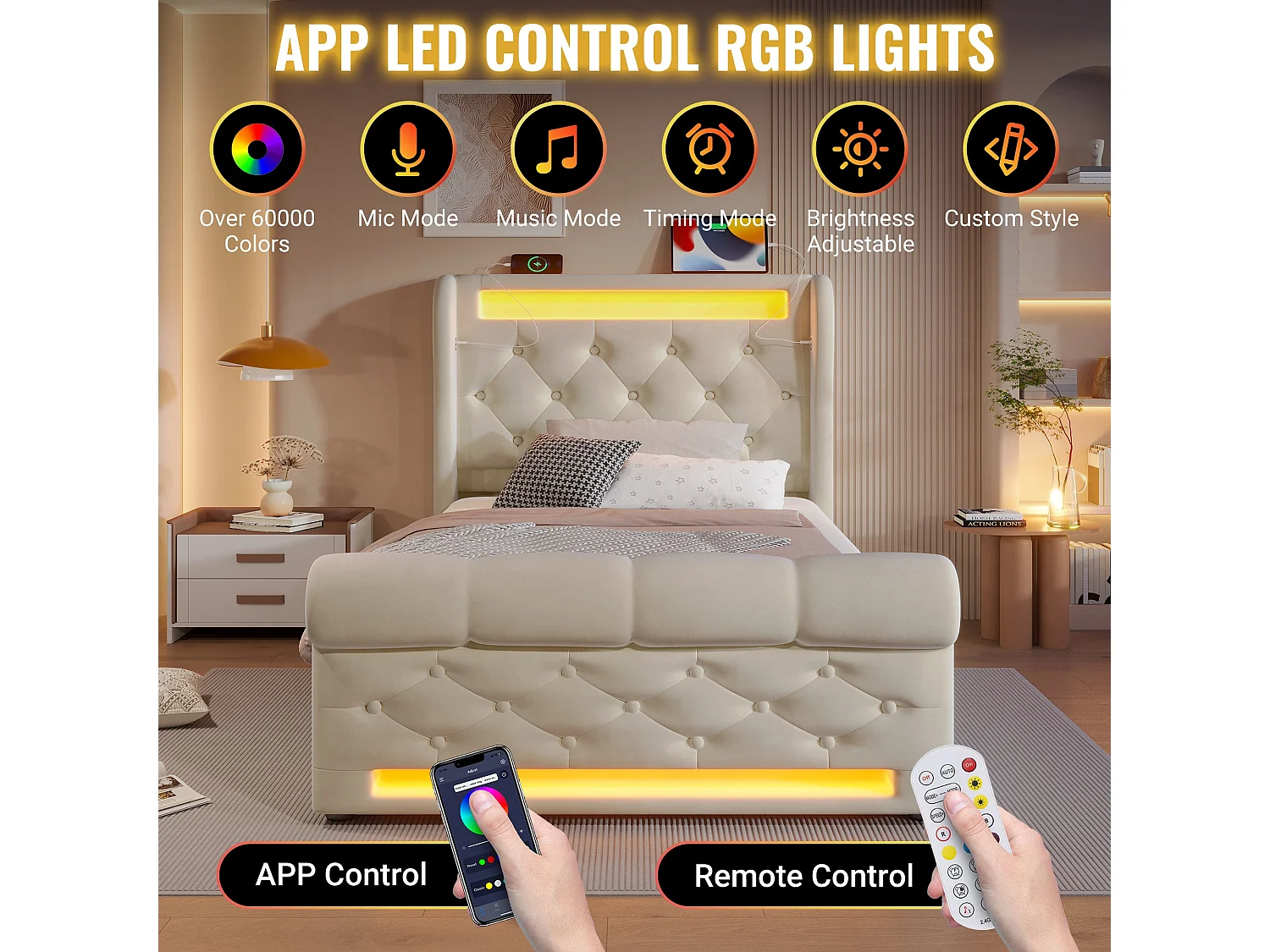 Lit simple capitonné 90x200 cm, velours beige, avec LED, ports USB et Type-C, rangement hydraulique, sans matelas