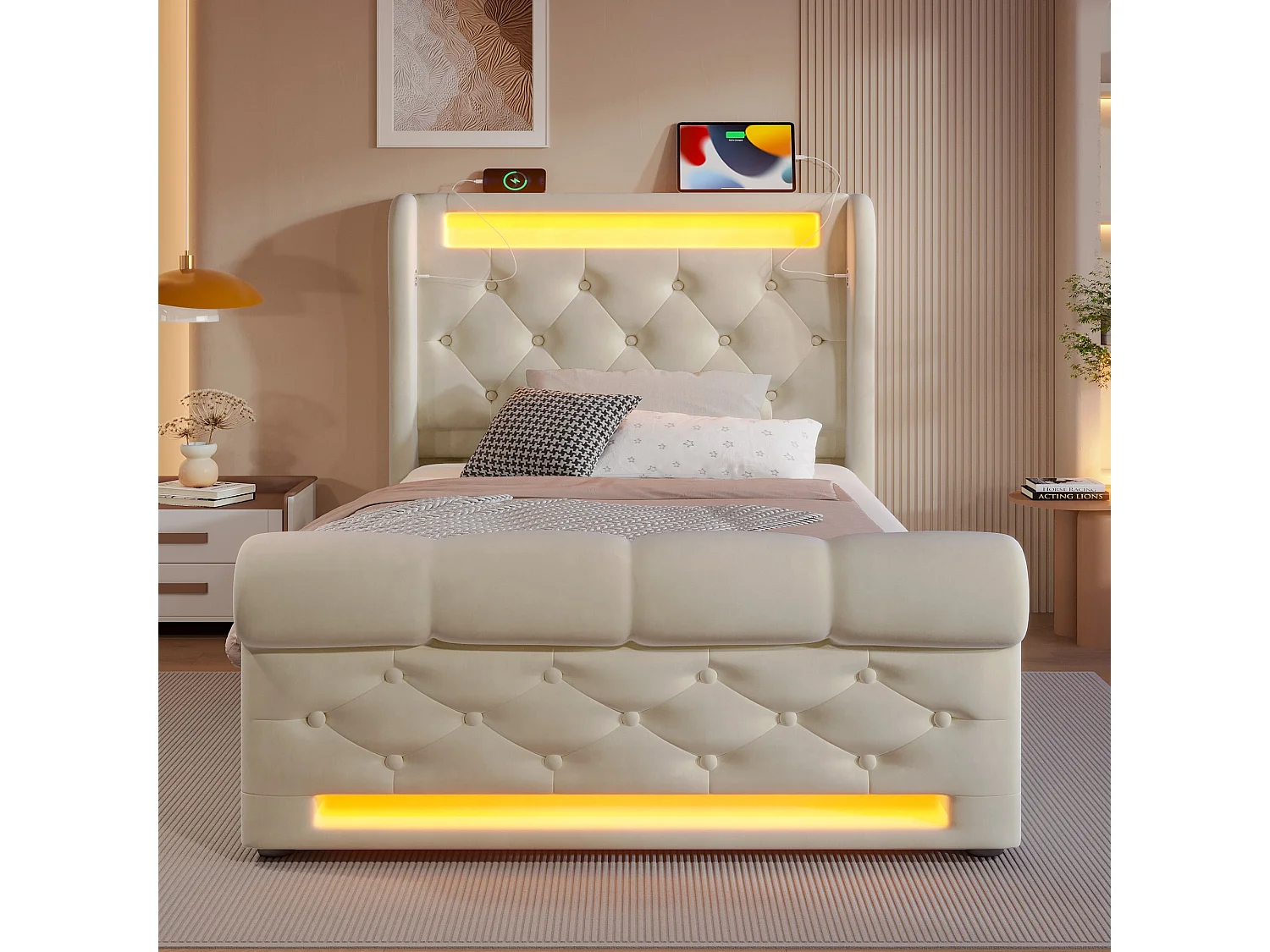 Lit simple capitonné 90x200 cm, velours beige, avec LED, ports USB et Type-C, rangement hydraulique, sans matelas
