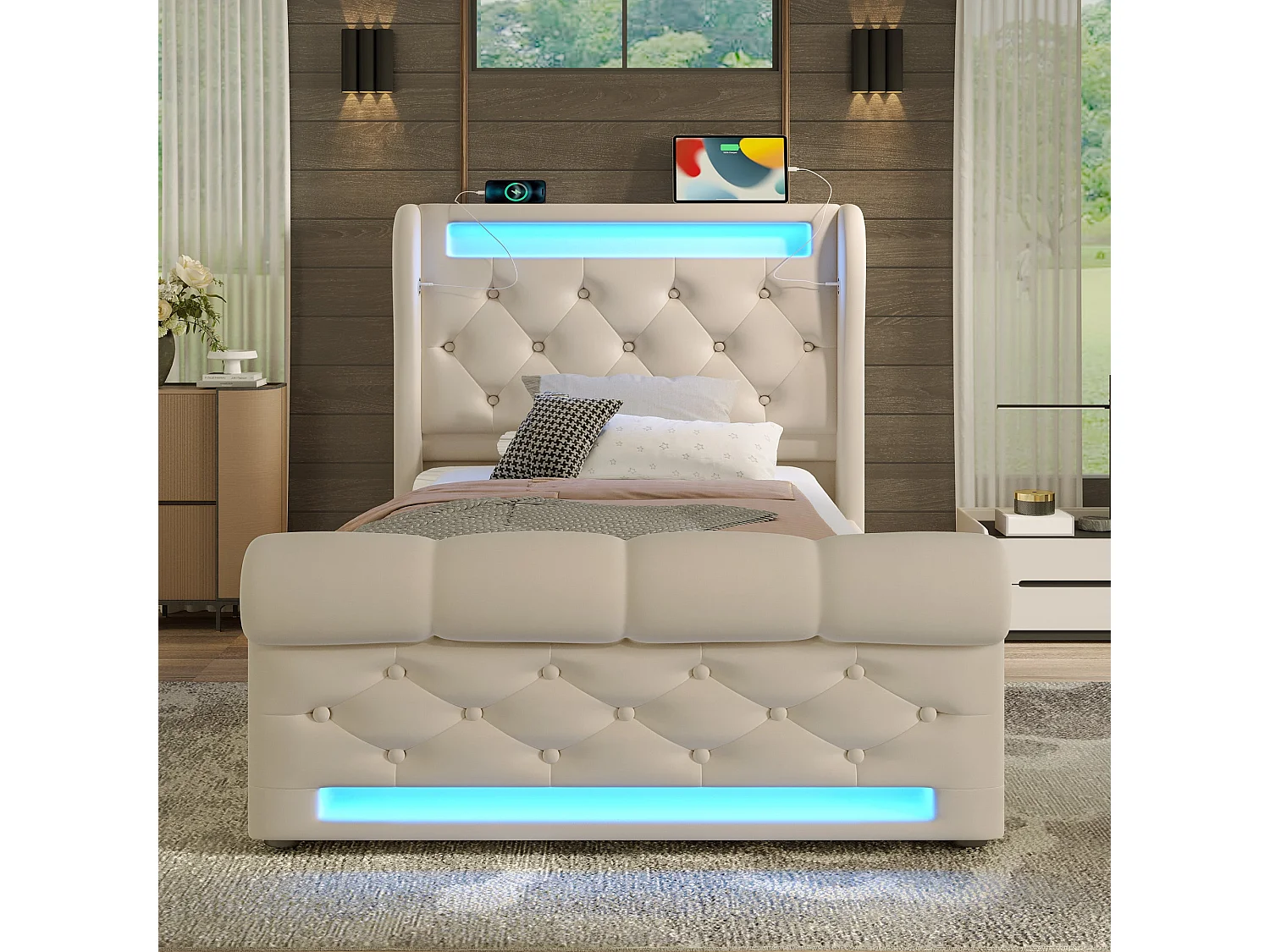 Lit simple capitonné 90x200 cm, velours beige, avec LED, ports USB et Type-C, rangement hydraulique, sans matelas