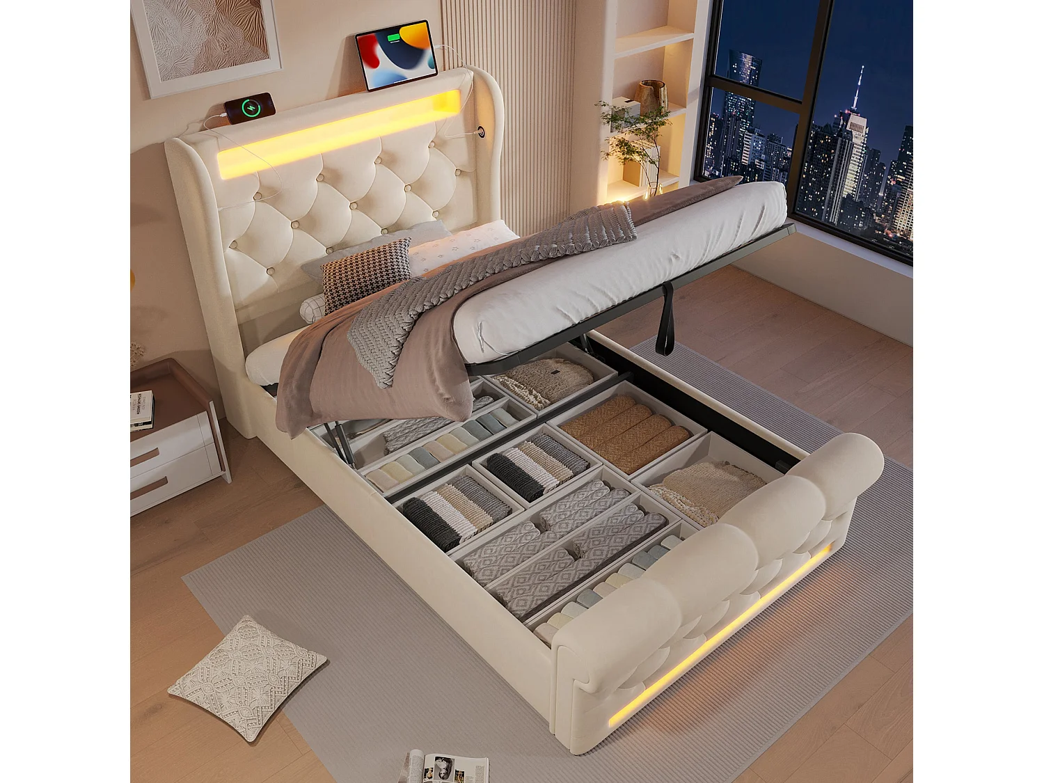 Lit simple capitonné 90x200 cm, velours beige, avec LED, ports USB et Type-C, rangement hydraulique, sans matelas