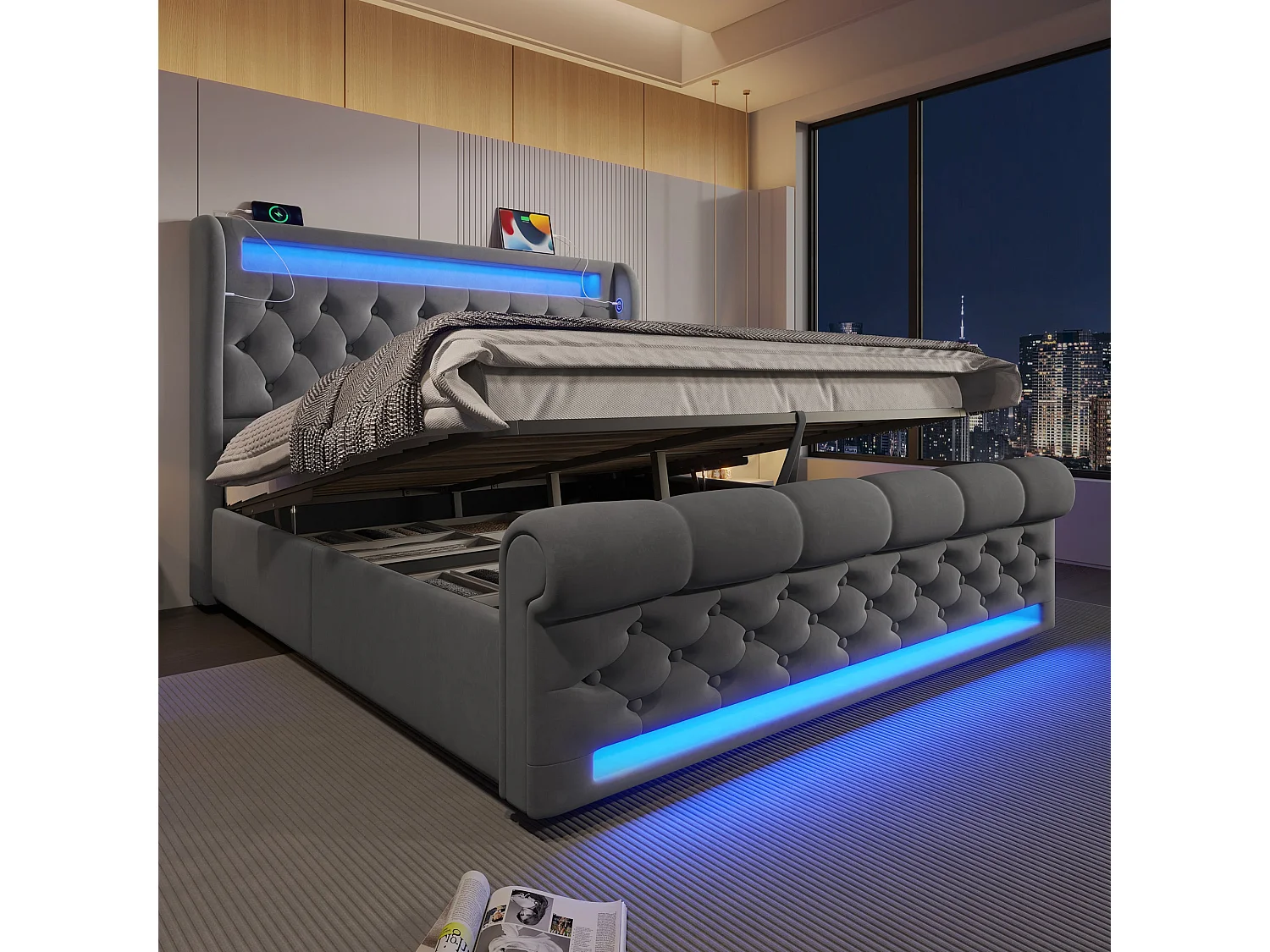 Lit double capitonné 140x190 cm, velours gris, avec LED, ports USB et Type-C, rangement hydraulique, sans matelas