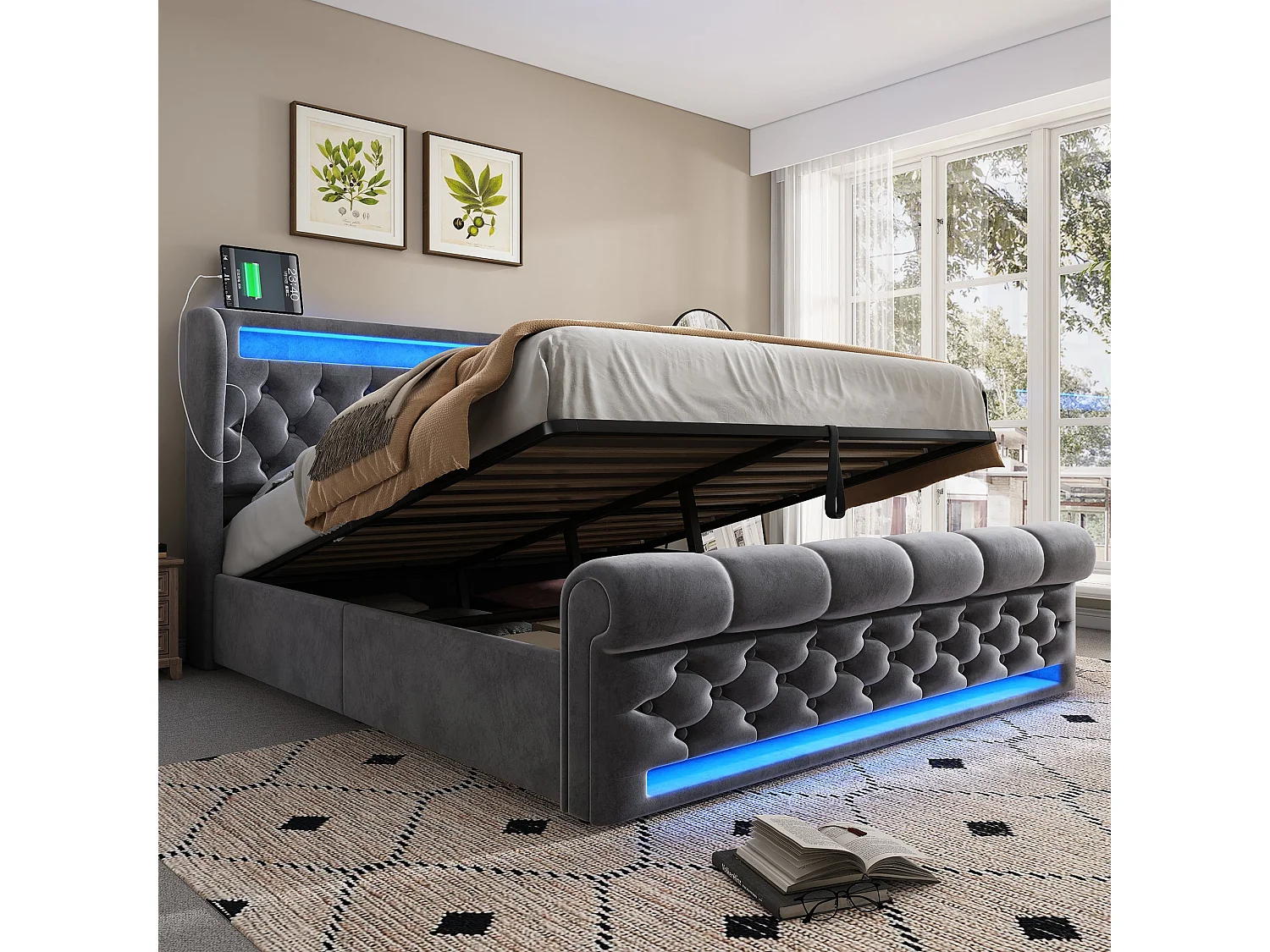 Lit double capitonné 140x190 cm, velours gris, avec LED, ports USB et Type-C, rangement hydraulique, sans matelas