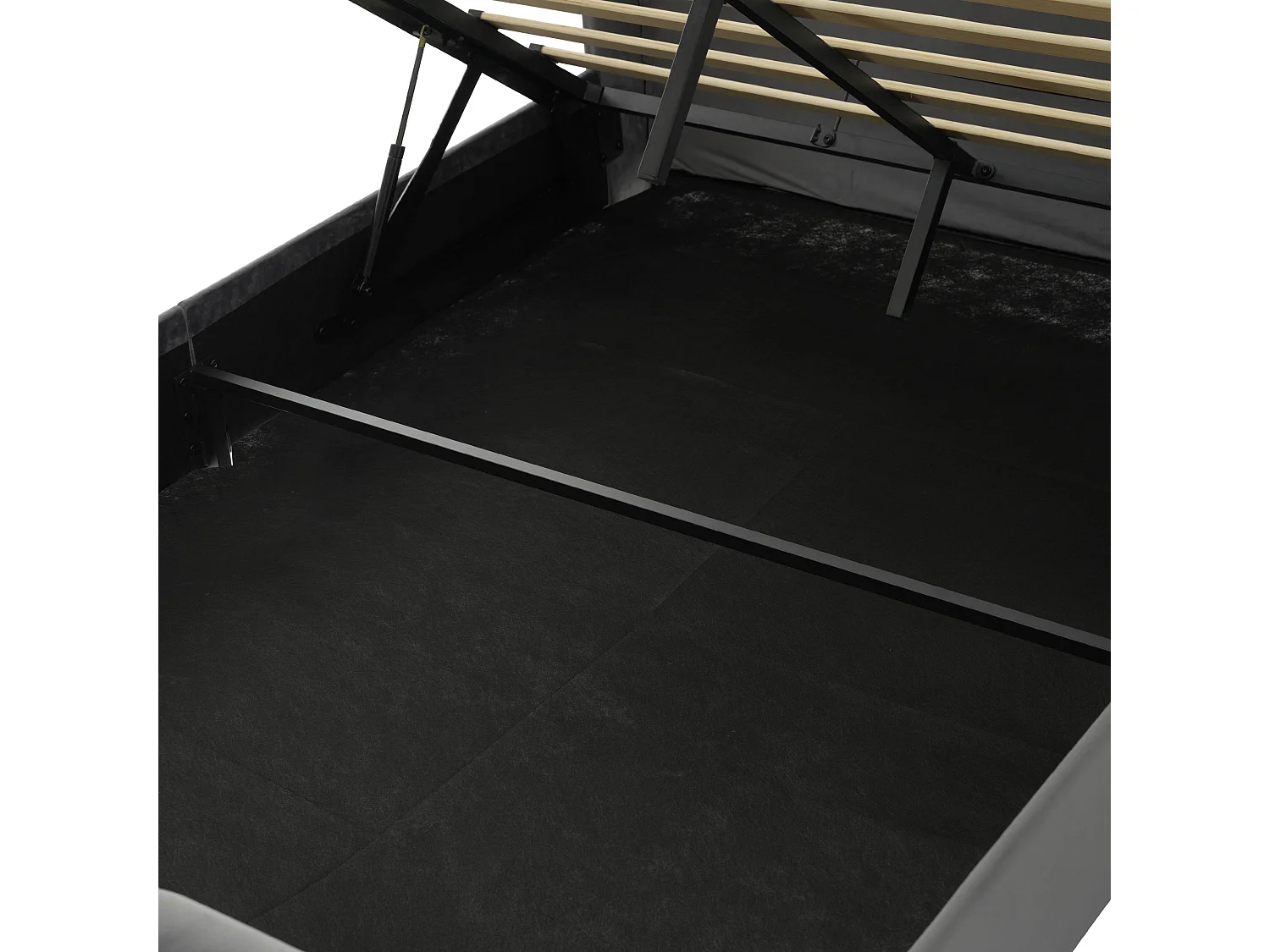 Lit double capitonné 140x190 cm, velours gris, avec LED, ports USB et Type-C, rangement hydraulique, sans matelas