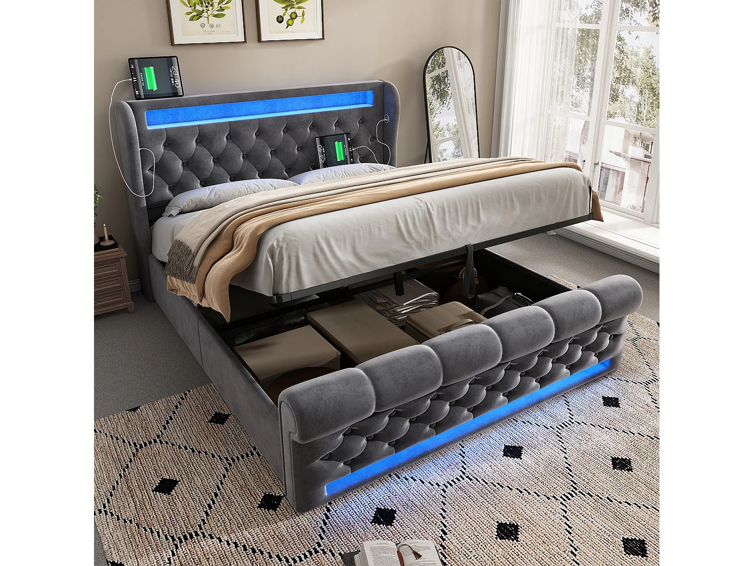 Lit double capitonné 140x190 cm, velours gris, avec LED, ports USB et Type-C, rangement hydraulique, sans matelas