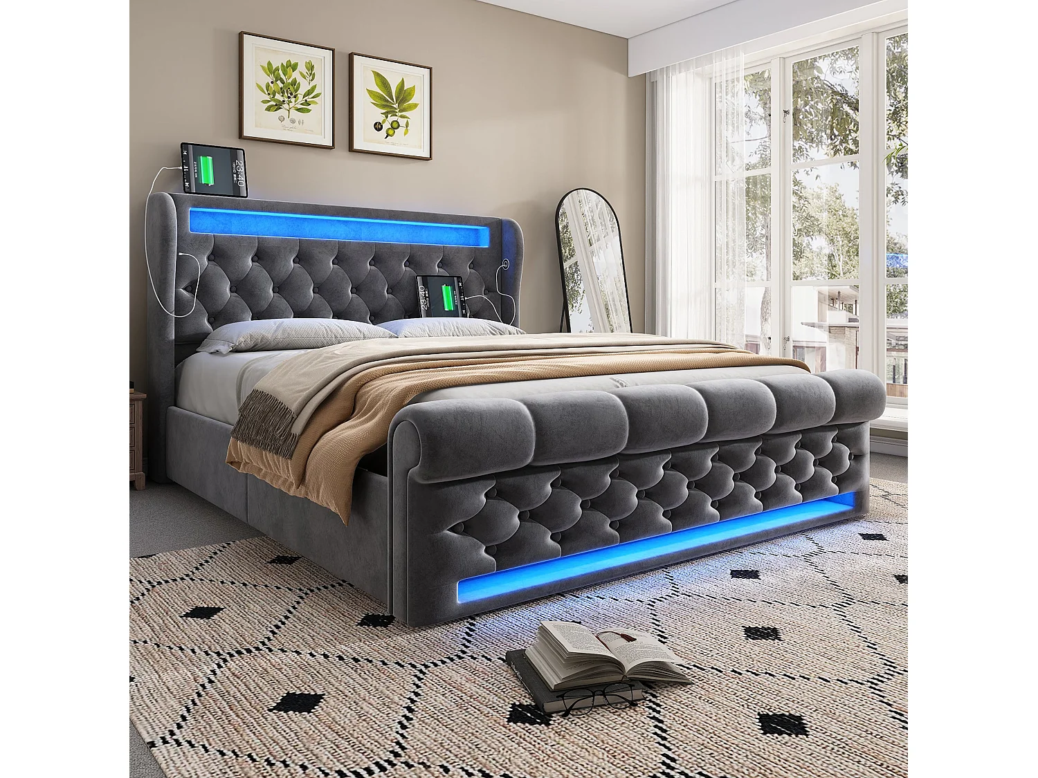 Lit double capitonné 140x200 cm, velours gris, avec LED, ports USB et Type-C, rangement hydraulique, sans matelas