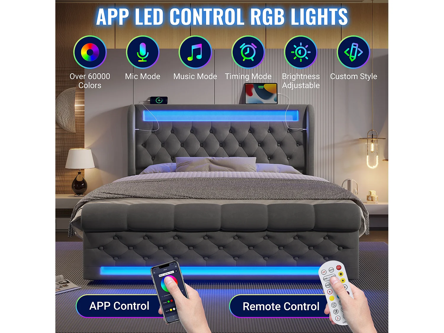 Lit double capitonné 140x200 cm, velours gris, avec LED, ports USB et Type-C, rangement hydraulique, sans matelas