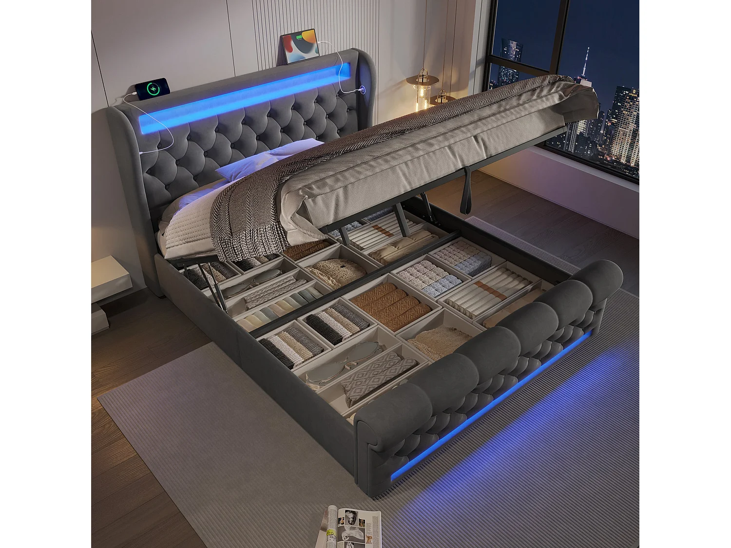 Lit double capitonné 140x200 cm, velours gris, avec LED, ports USB et Type-C, rangement hydraulique, sans matelas