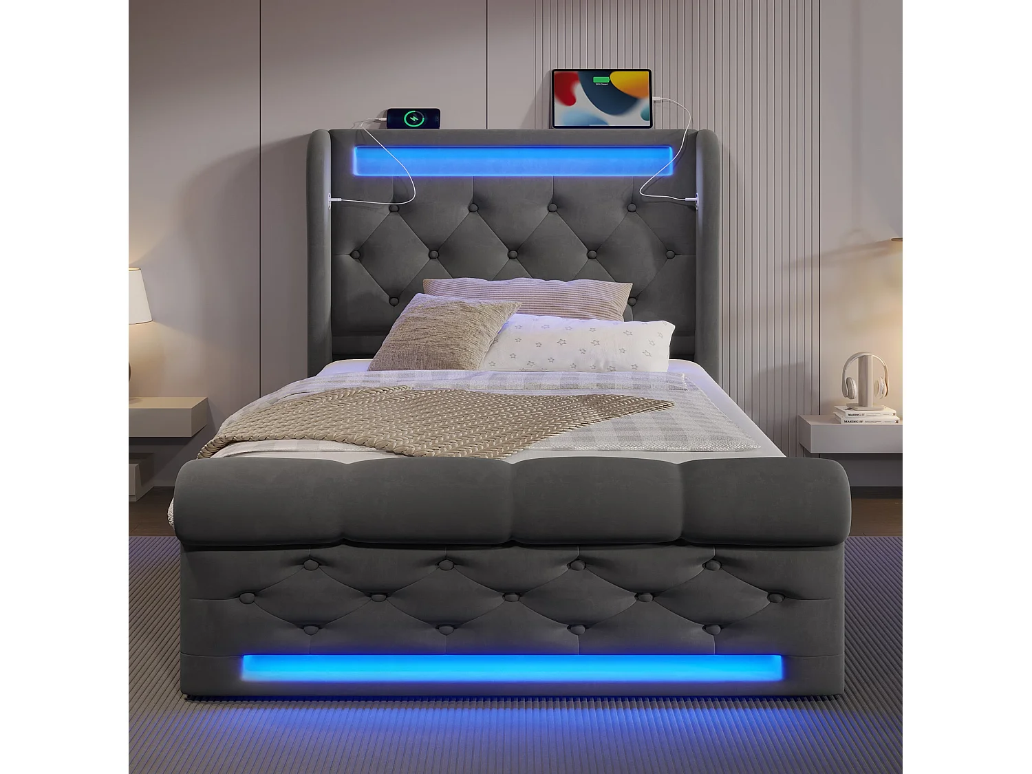 Lit double capitonné 140x200 cm, velours gris, avec LED, ports USB et Type-C, rangement hydraulique, sans matelas