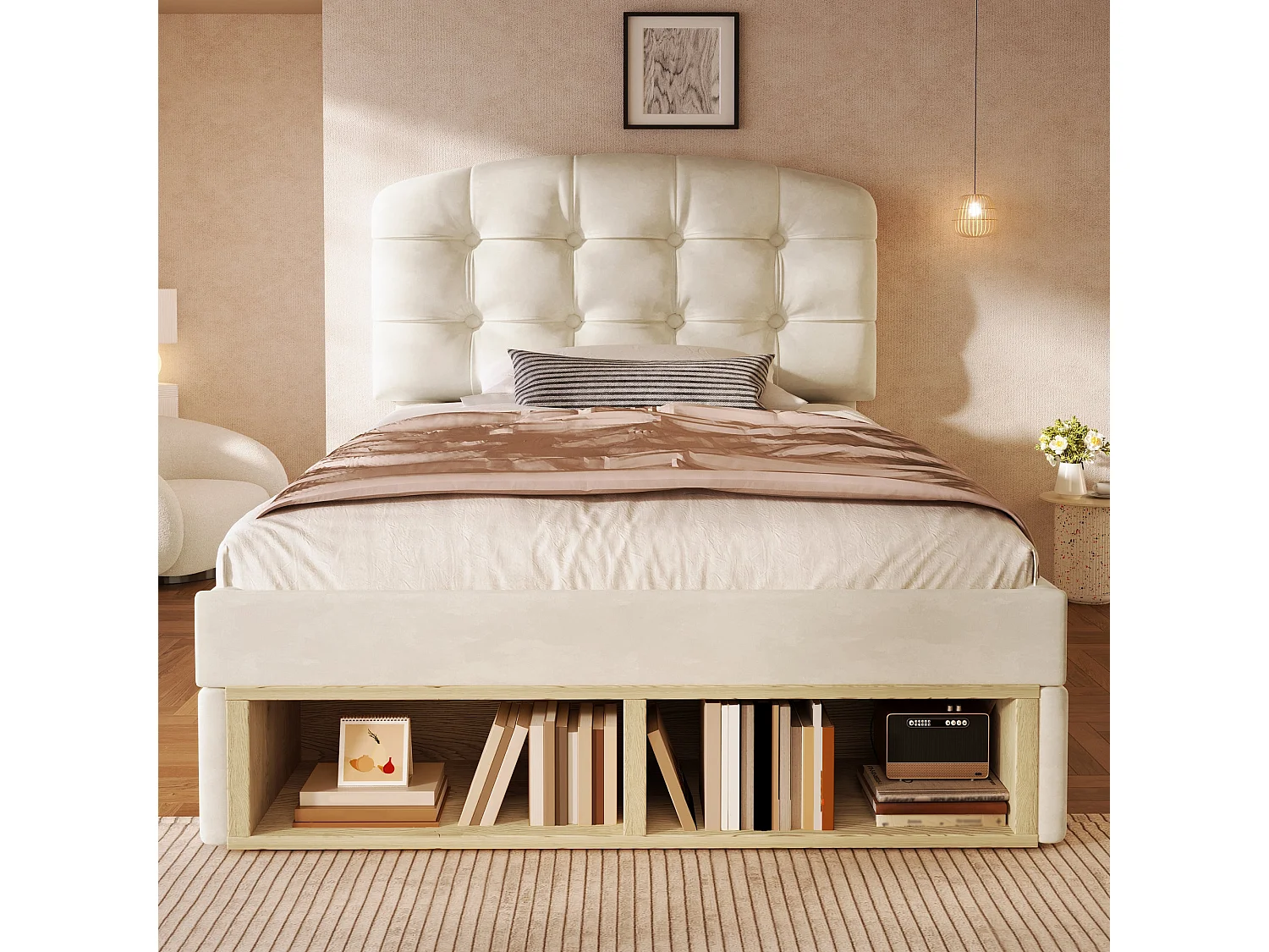 Lit simple capitonné 90x200 cm, velours beige, avec rangement à tiroirs et étagères, tête de lit réglable, sans matelas