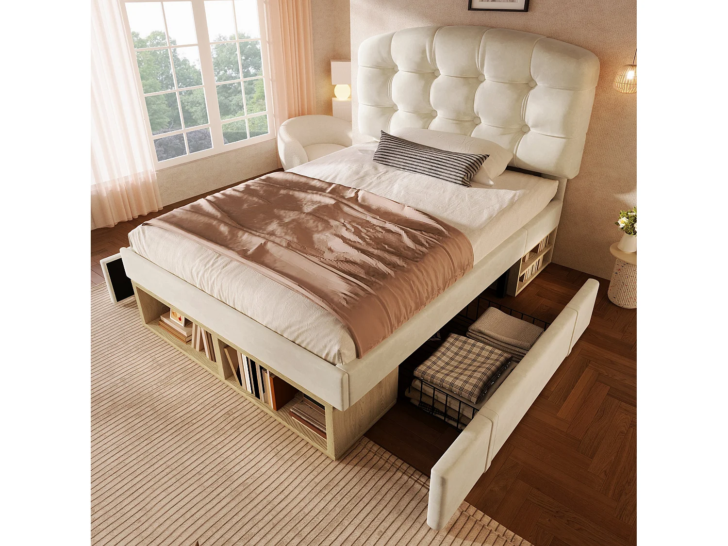 Lit simple capitonné 90x200 cm, velours beige, avec rangement à tiroirs et étagères, tête de lit réglable, sans matelas