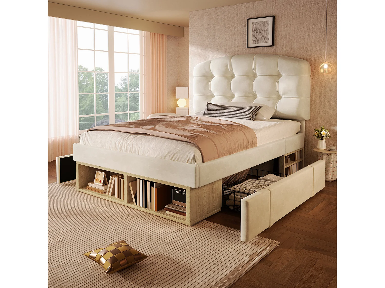 Lit simple capitonné 90x200 cm, velours beige, avec rangement à tiroirs et étagères, tête de lit réglable, sans matelas