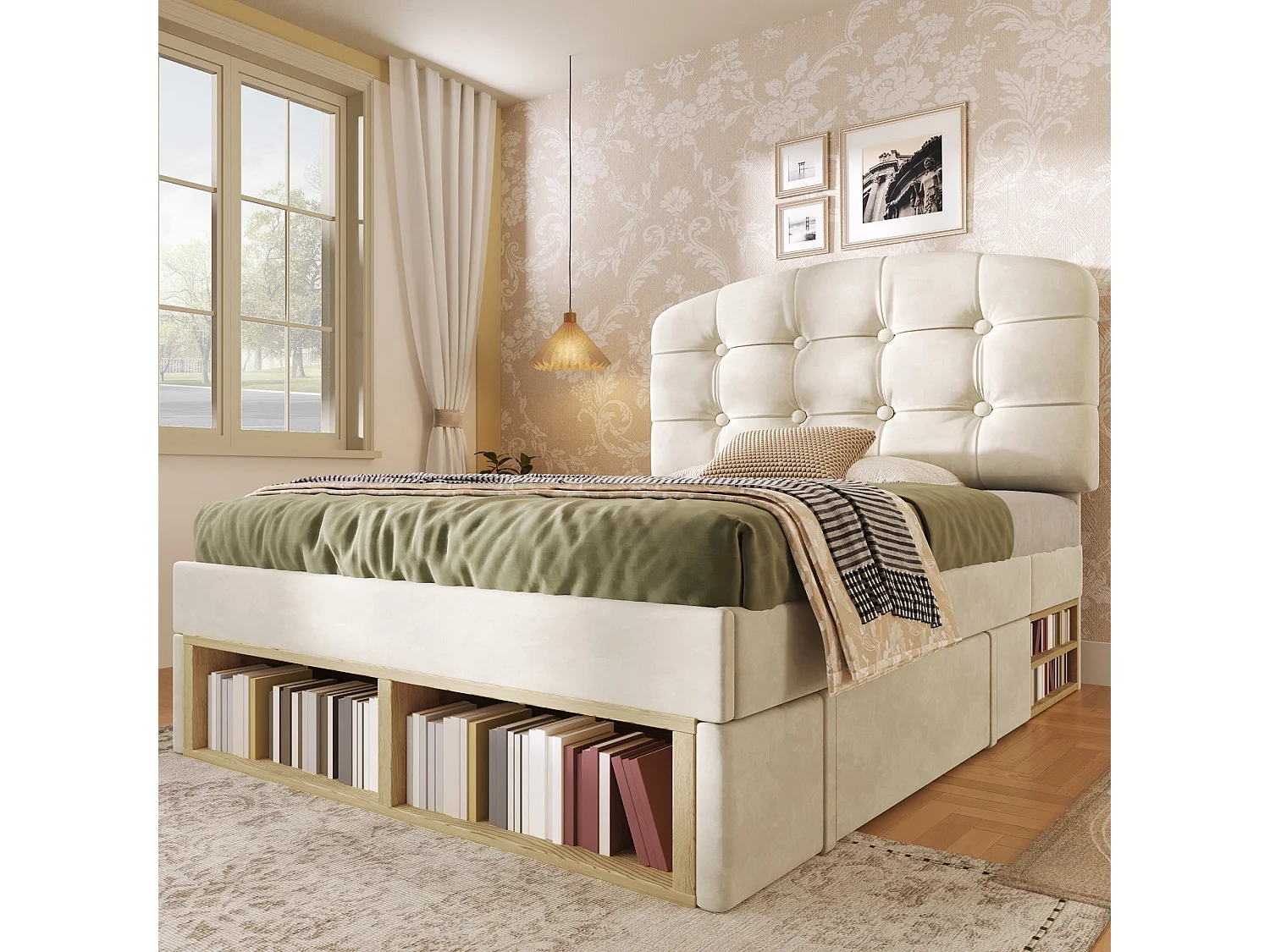 Lit simple capitonné 90x200 cm, velours beige, avec rangement à tiroirs et étagères, tête de lit réglable, sans matelas