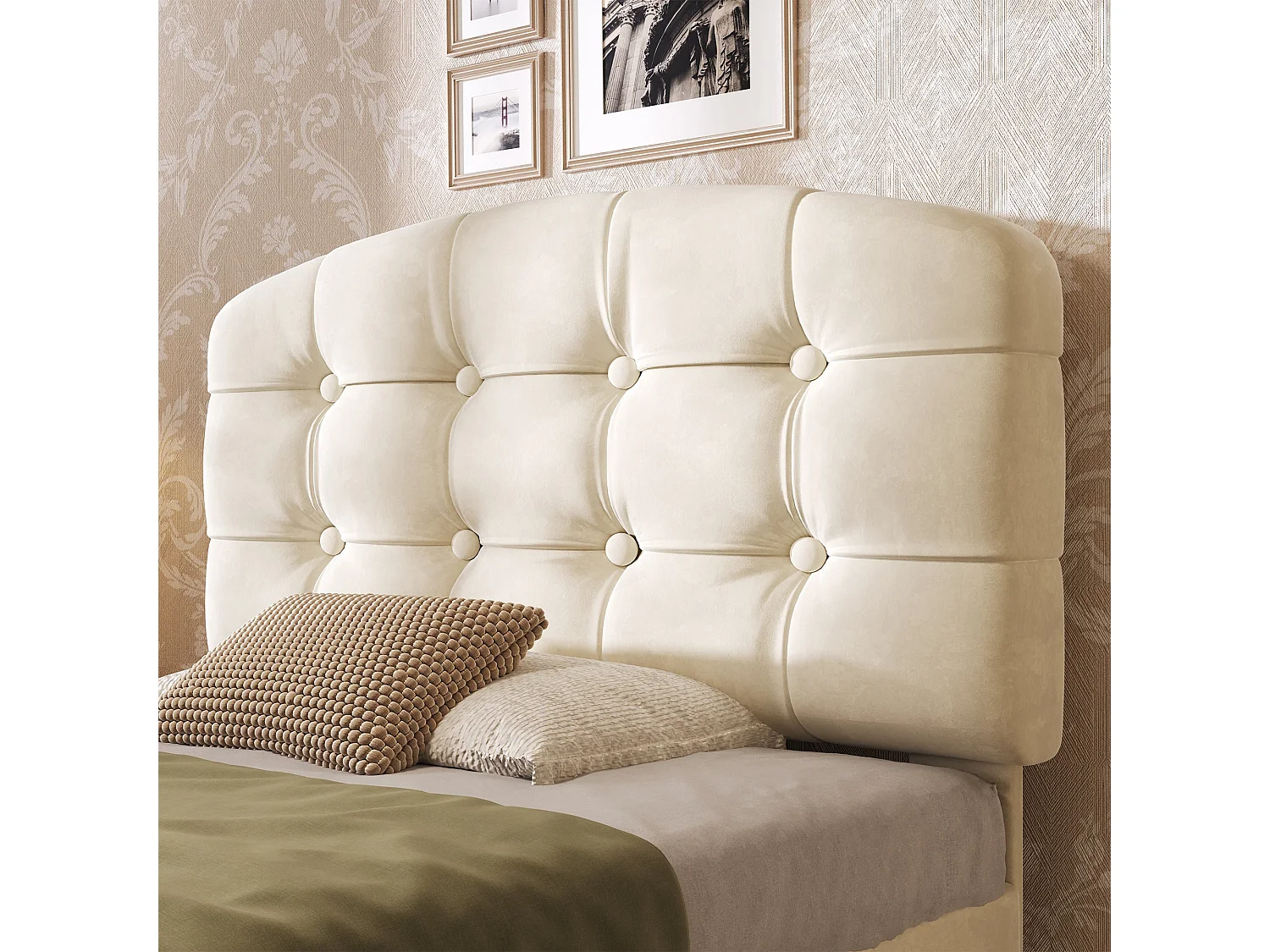 Lit simple capitonné 90x200 cm, velours beige, avec rangement à tiroirs et étagères, tête de lit réglable, sans matelas