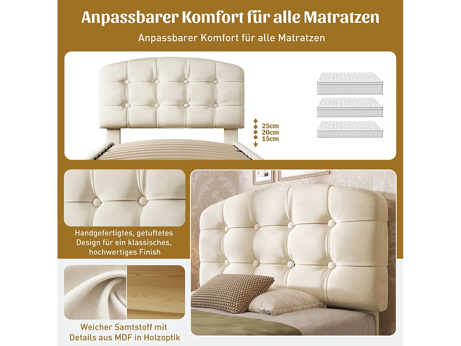 Lit simple capitonné 90x200 cm, velours beige, avec rangement à tiroirs et étagères, tête de lit réglable, sans matelas
