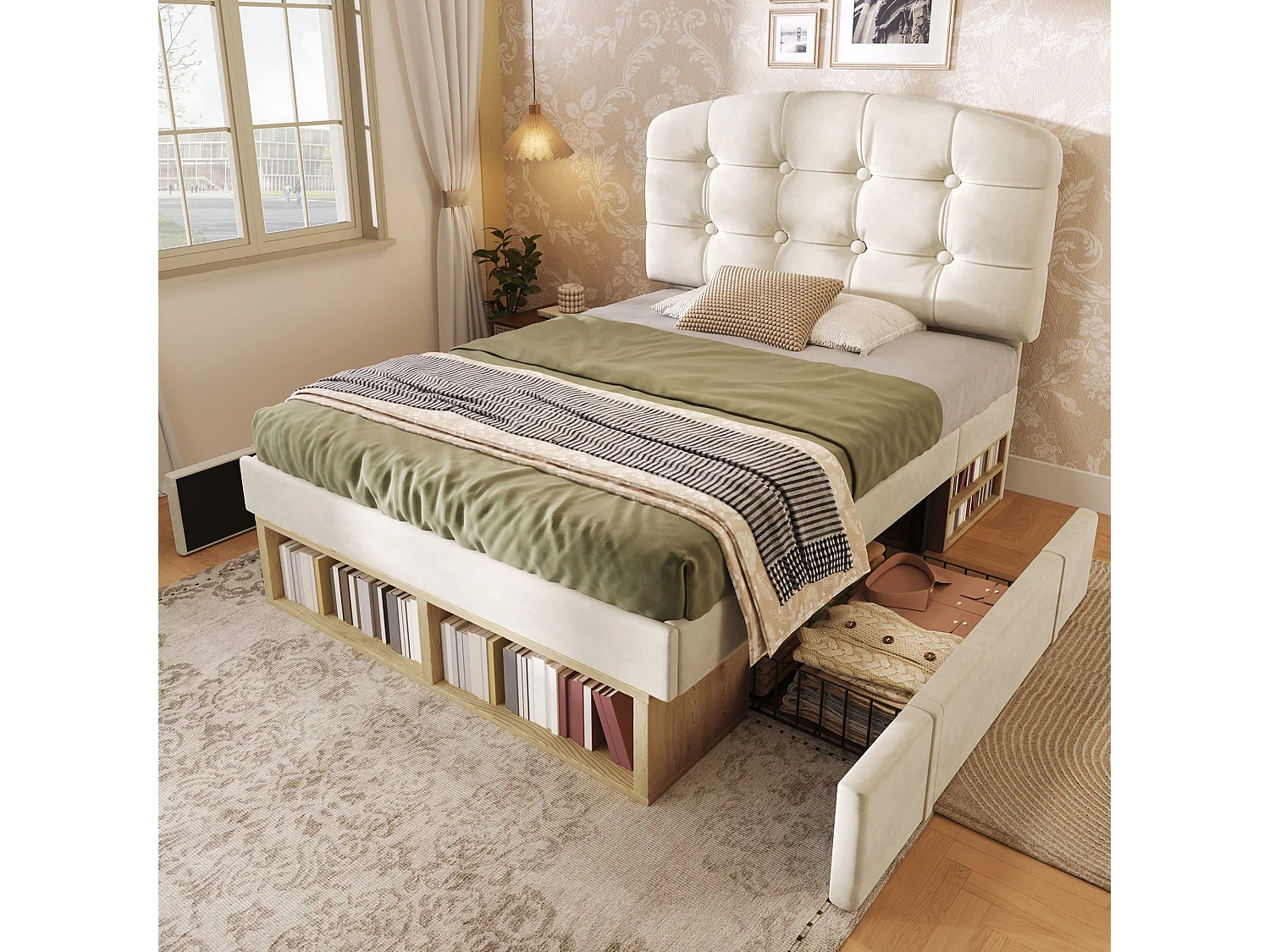 Lit simple capitonné 90x200 cm, velours beige, avec rangement à tiroirs et étagères, tête de lit réglable, sans matelas