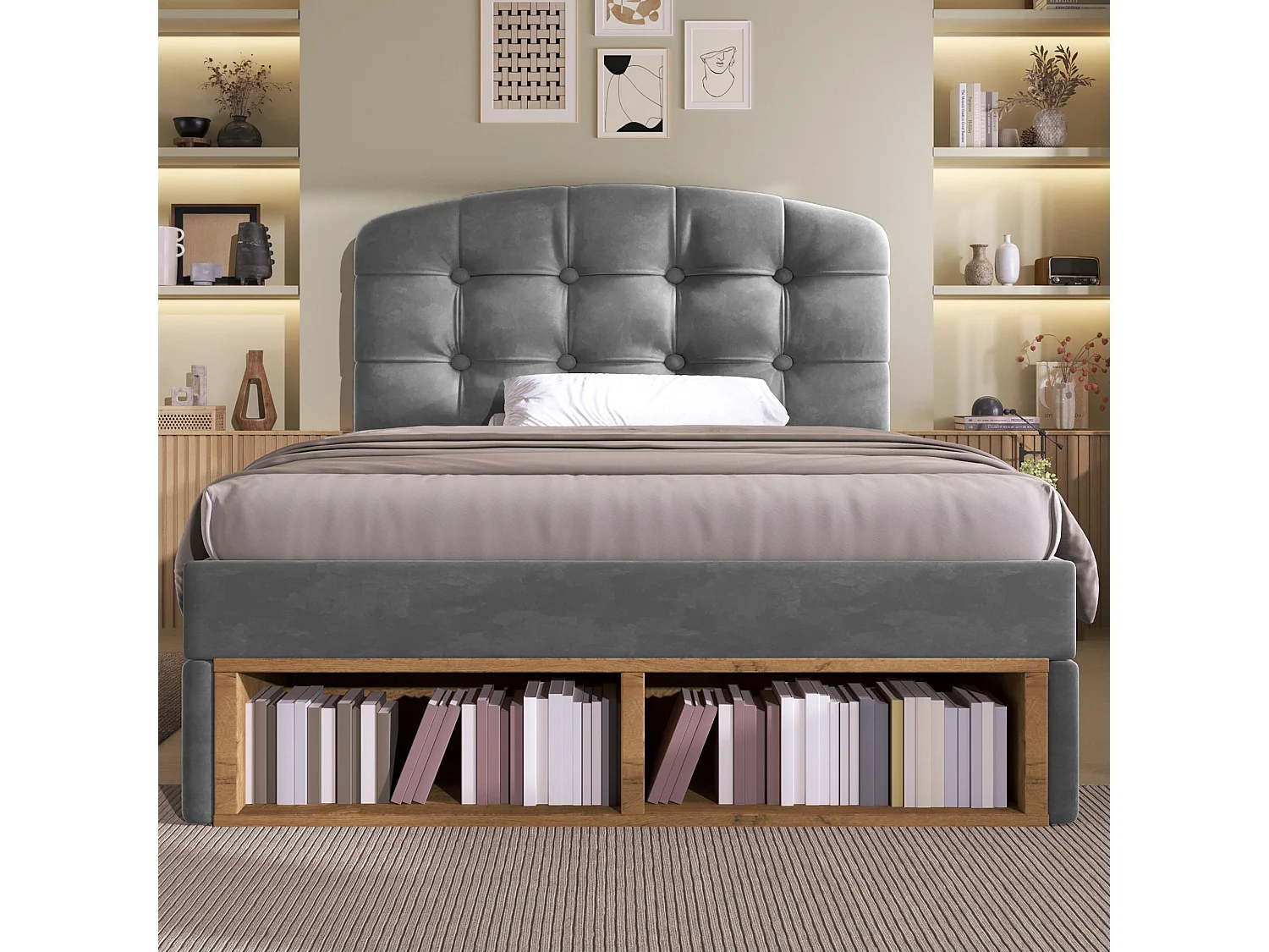 Lit simple capitonné 90x200 cm, velours gris, avec rangement à tiroirs et étagères, tête de lit réglable, sans matelas