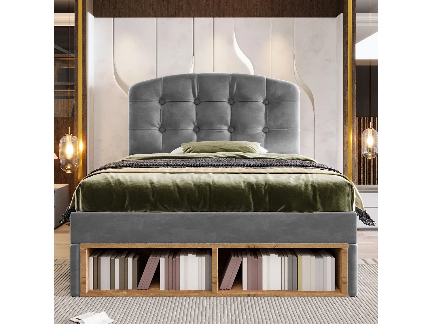 Lit simple capitonné 90x200 cm, velours gris, avec rangement à tiroirs et étagères, tête de lit réglable, sans matelas