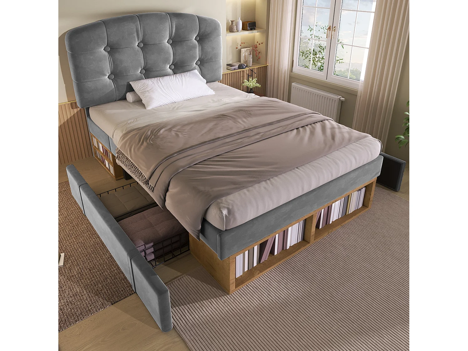 Lit simple capitonné 90x200 cm, velours gris, avec rangement à tiroirs et étagères, tête de lit réglable, sans matelas