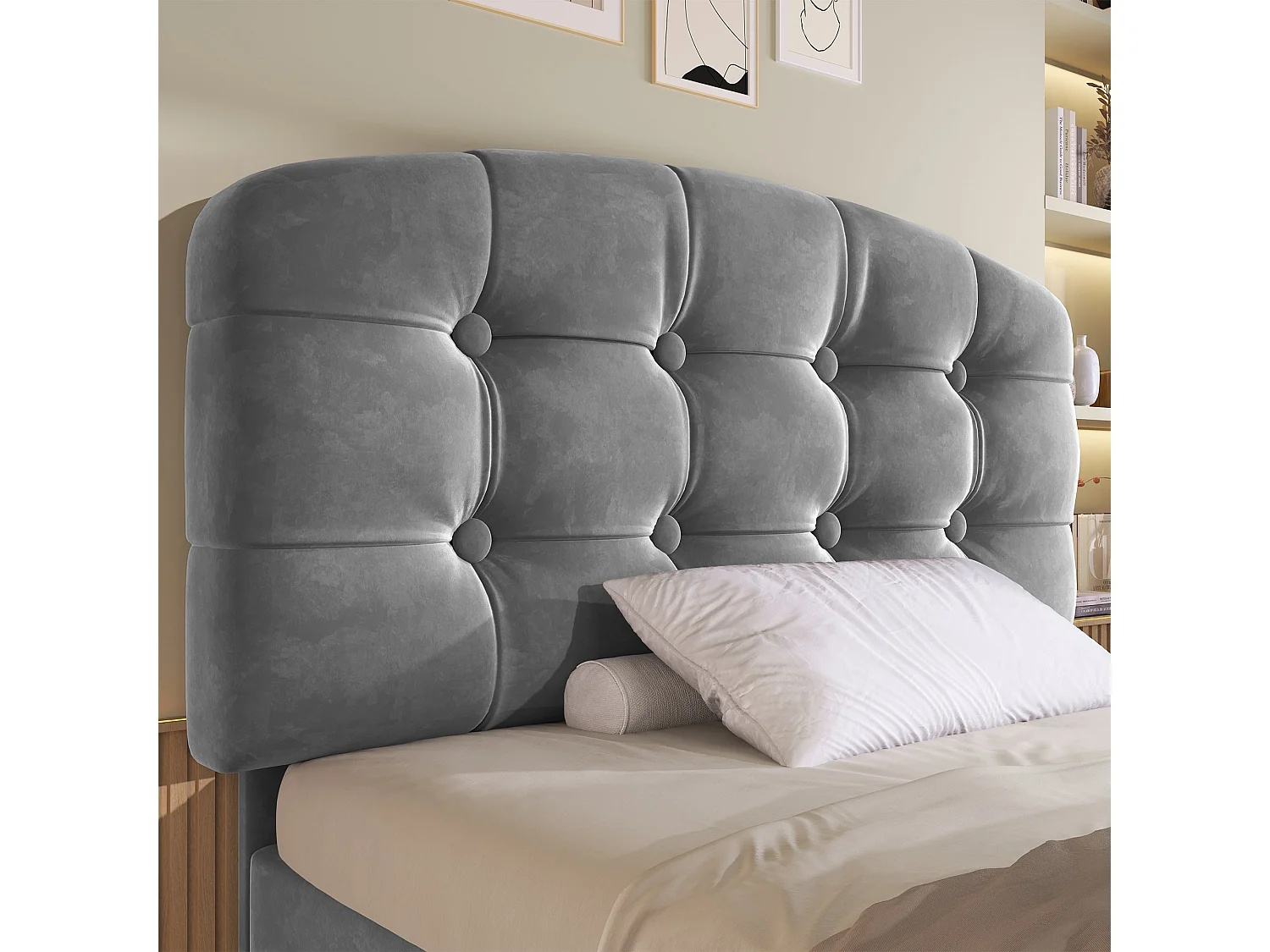 Lit simple capitonné 90x200 cm, velours gris, avec rangement à tiroirs et étagères, tête de lit réglable, sans matelas