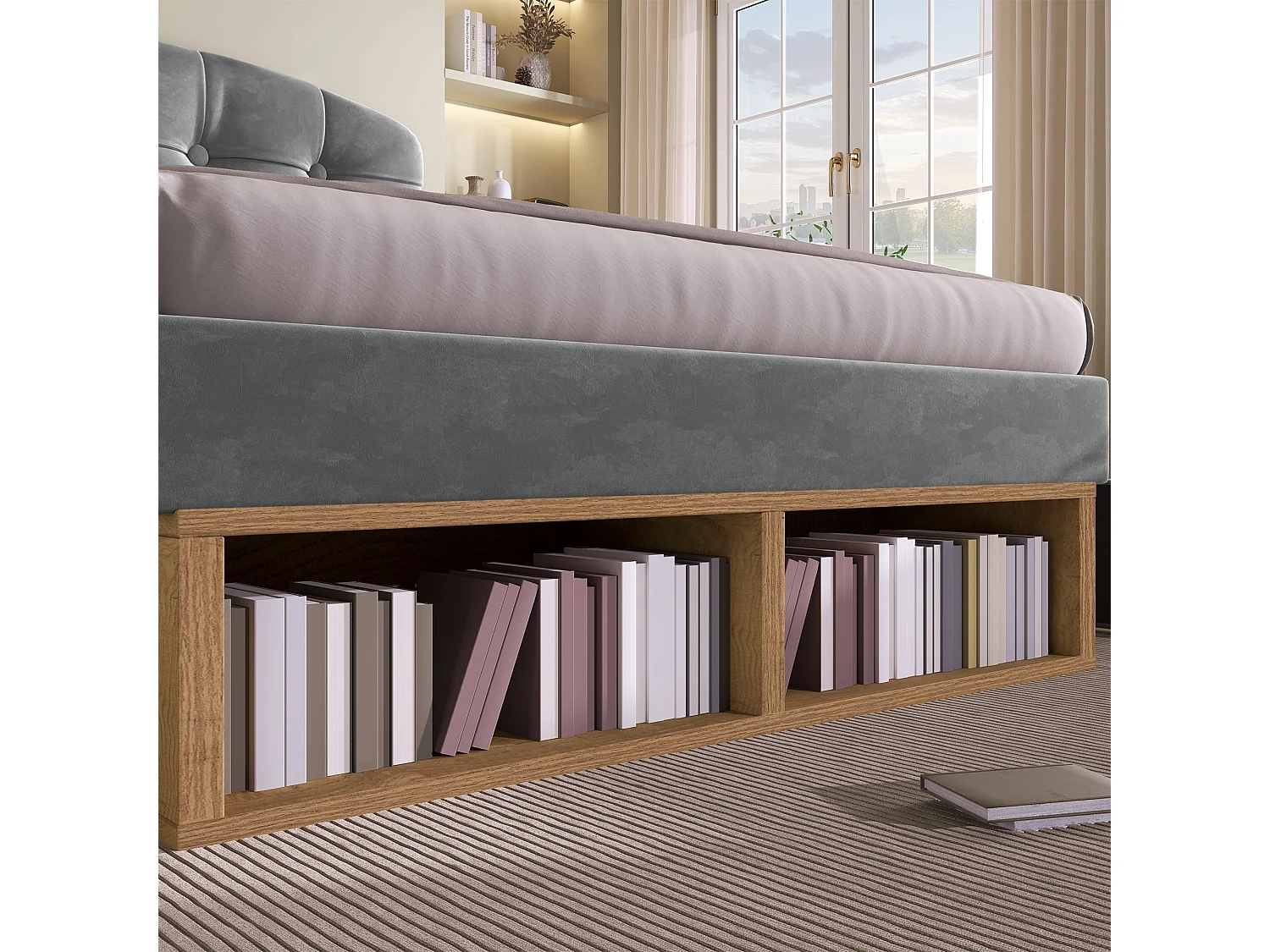 Lit simple capitonné 90x200 cm, velours gris, avec rangement à tiroirs et étagères, tête de lit réglable, sans matelas