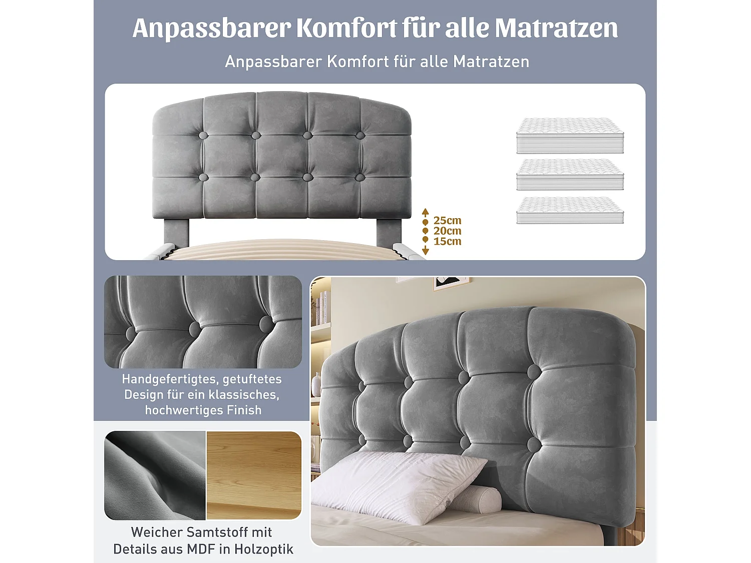 Lit simple capitonné 90x200 cm, velours gris, avec rangement à tiroirs et étagères, tête de lit réglable, sans matelas