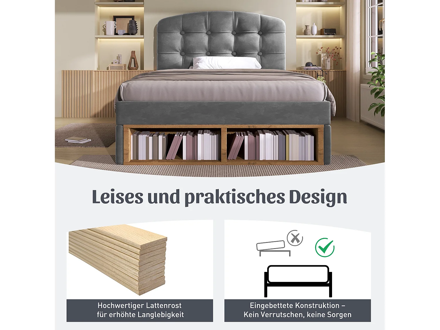 Lit simple capitonné 90x200 cm, velours gris, avec rangement à tiroirs et étagères, tête de lit réglable, sans matelas