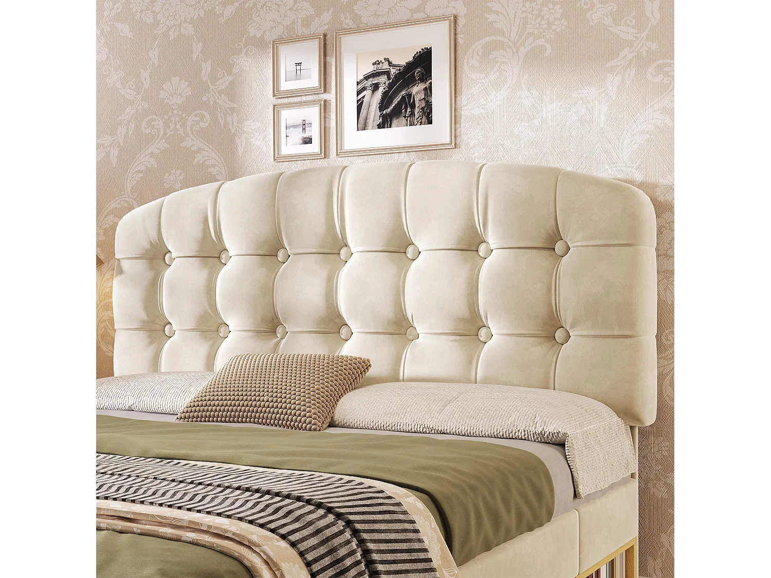 Lit double capitonné 140x200 cm, velours beige, avec rangement à tiroirs et étagères, tête de lit réglable, sans matelas