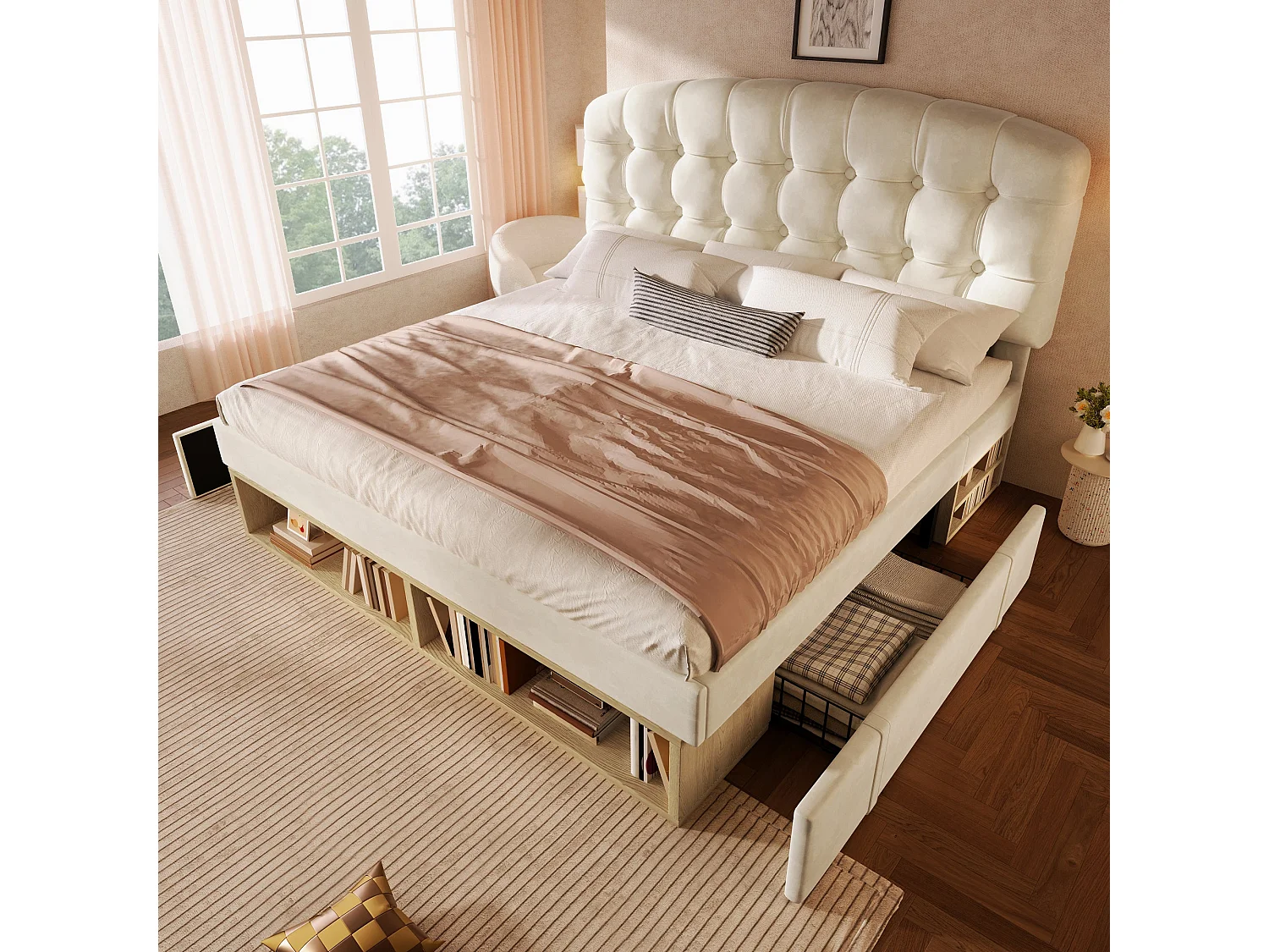 Lit double capitonné 140x200 cm, velours beige, avec rangement à tiroirs et étagères, tête de lit réglable, sans matelas
