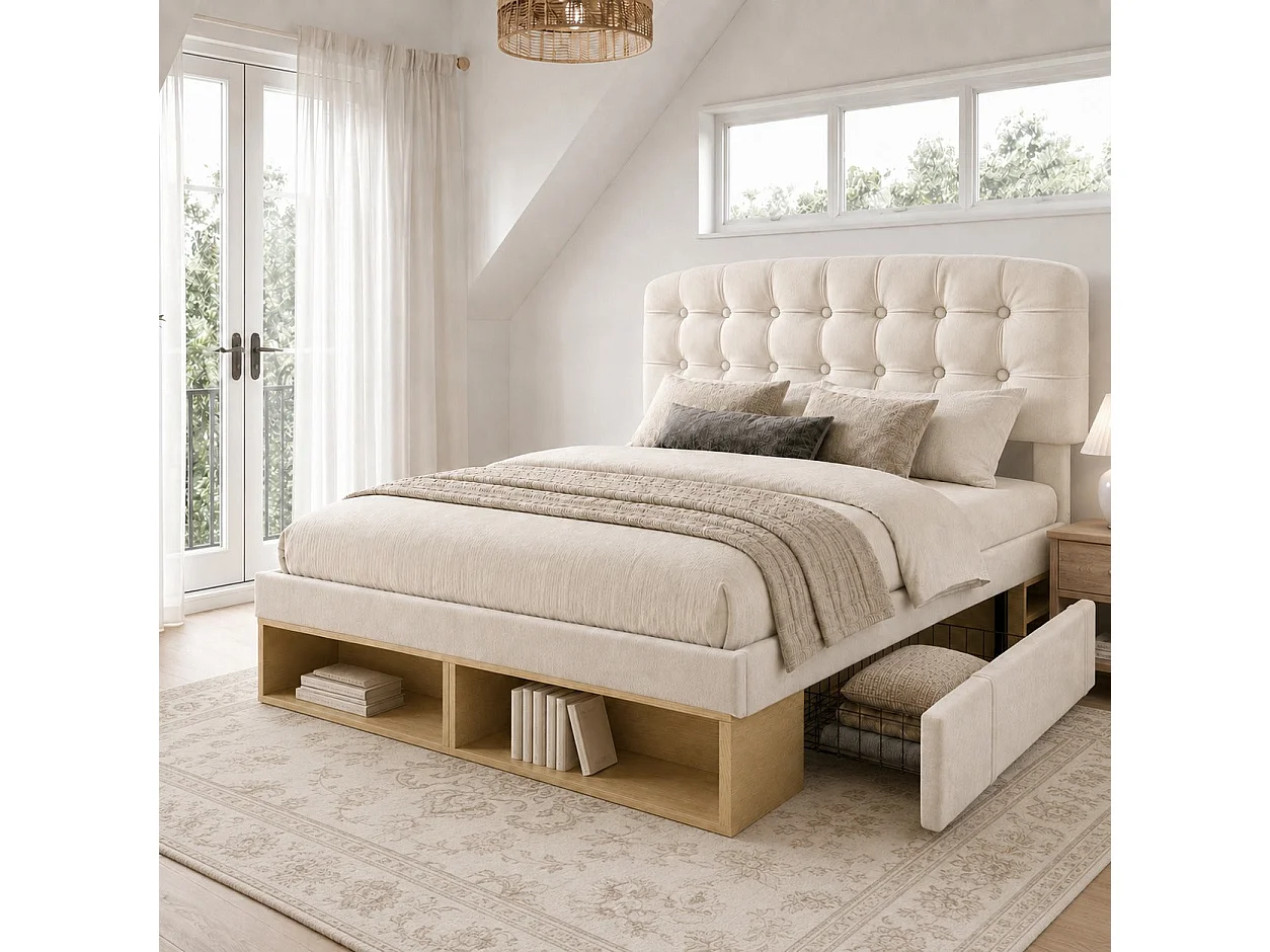 Lit double capitonné 140x200 cm, velours beige, avec rangement à tiroirs et étagères, tête de lit réglable, sans matelas