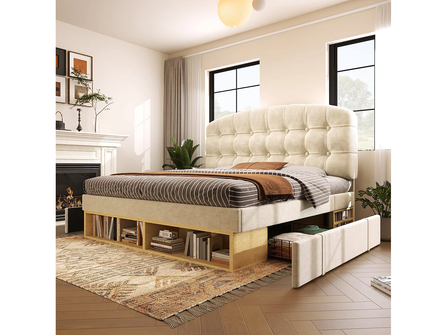 Lit double capitonné 140x200 cm, velours beige, avec rangement à tiroirs et étagères, tête de lit réglable, sans matelas