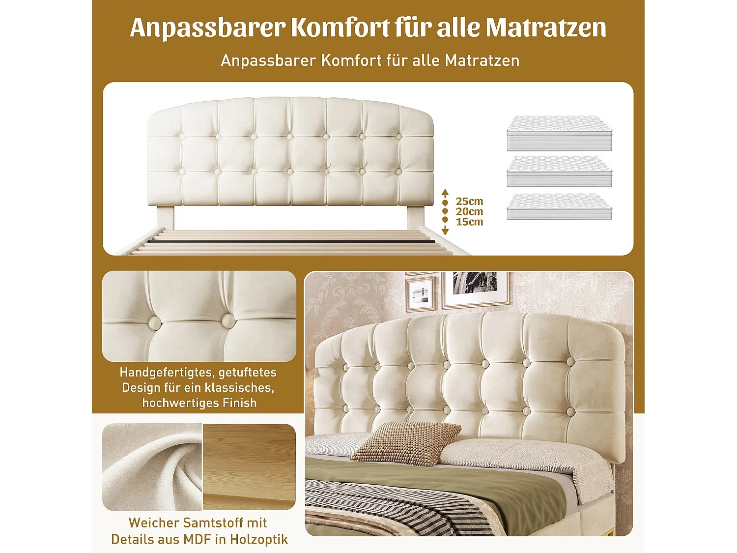 Lit double capitonné 140x200 cm, velours beige, avec rangement à tiroirs et étagères, tête de lit réglable, sans matelas