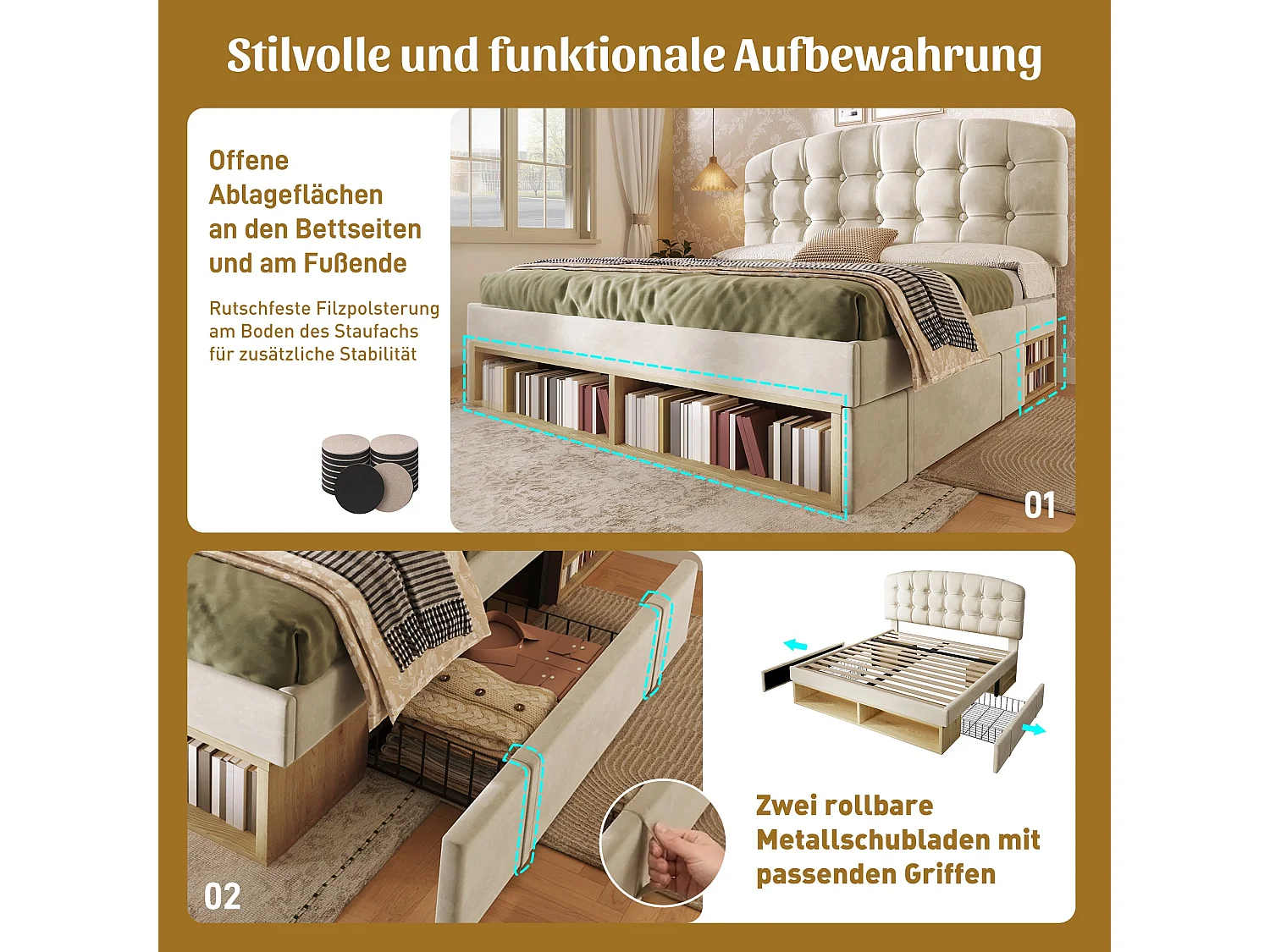 Lit double capitonné 140x200 cm, velours beige, avec rangement à tiroirs et étagères, tête de lit réglable, sans matelas