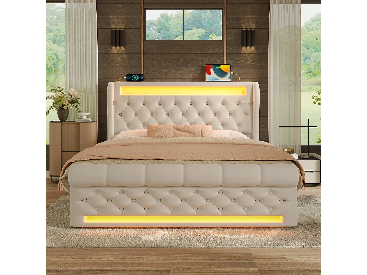 Lit double capitonné 140x190 cm, velours beige, avec LED, ports USB et Type-C, rangement hydraulique, sans matelas