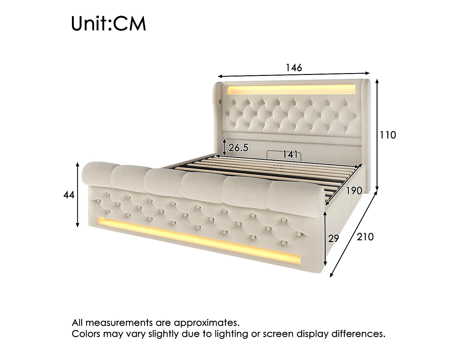 Lit double capitonné 140x190 cm, velours beige, avec LED, ports USB et Type-C, rangement hydraulique, sans matelas