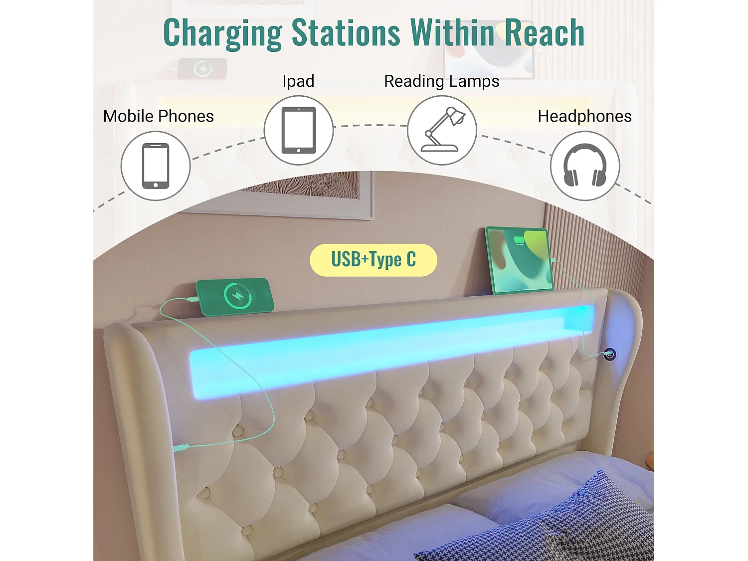 Lit double capitonné 140x190 cm, velours beige, avec LED, ports USB et Type-C, rangement hydraulique, sans matelas