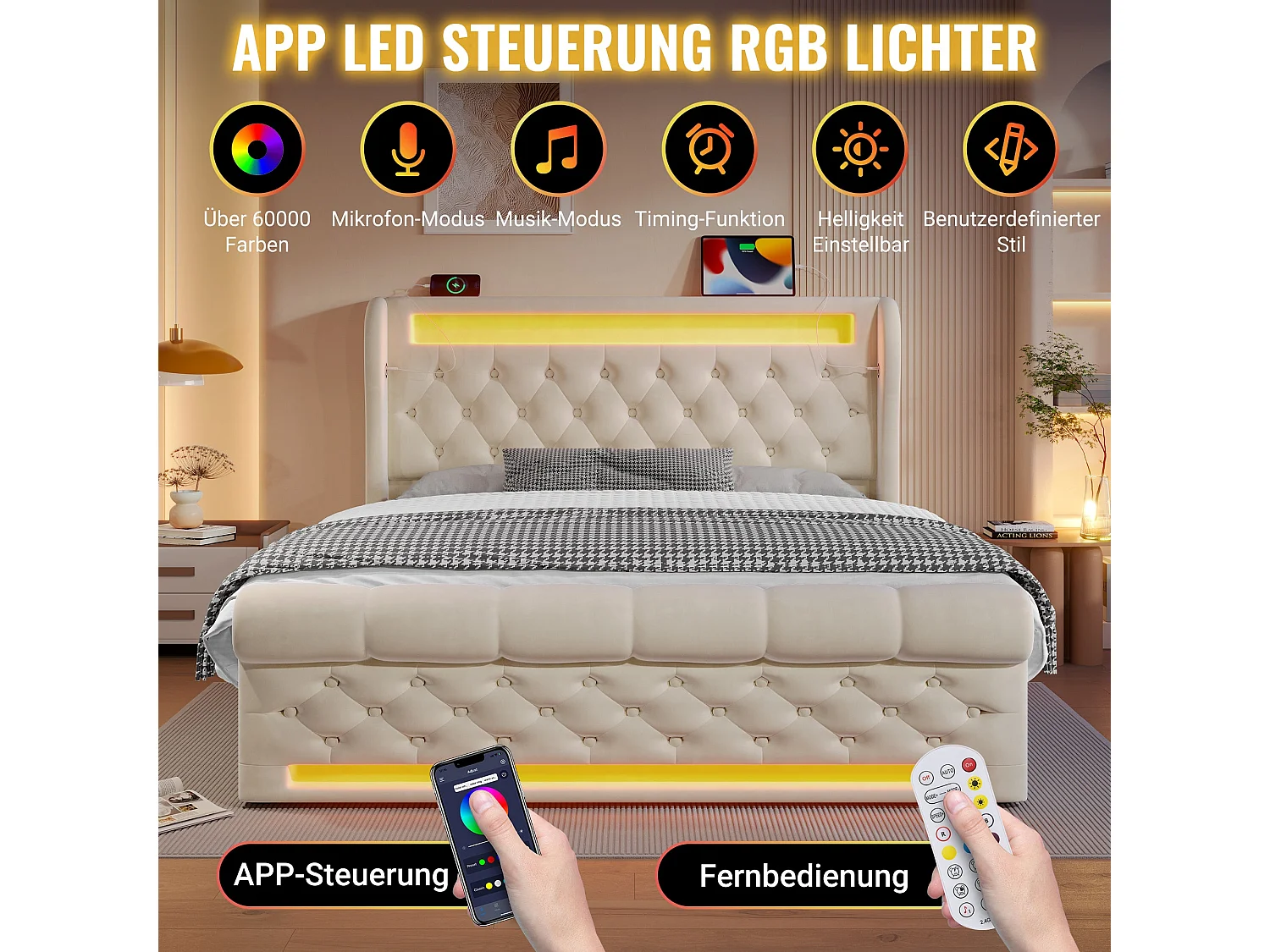 Lit double capitonné 140x190 cm, velours beige, avec LED, ports USB et Type-C, rangement hydraulique, sans matelas