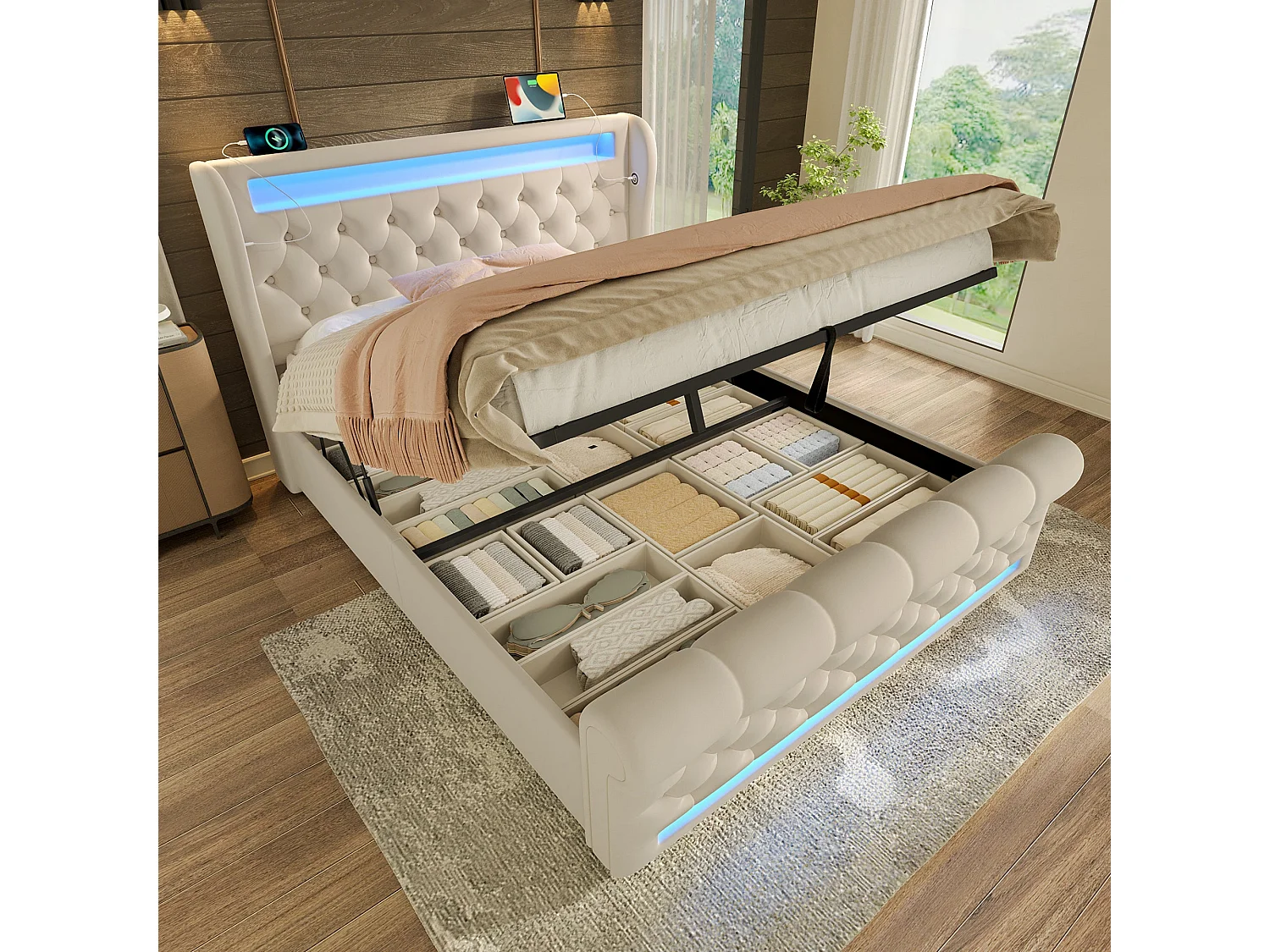 Lit double capitonné 140x190 cm, velours beige, avec LED, ports USB et Type-C, rangement hydraulique, sans matelas