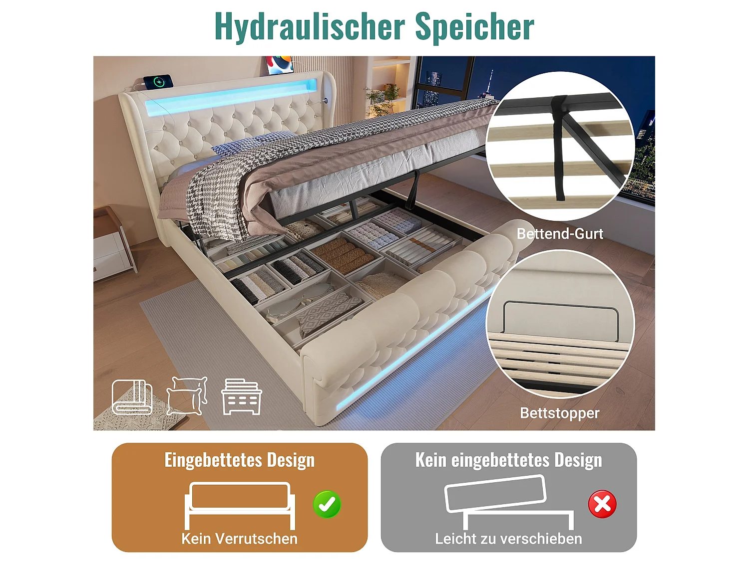 Lit double capitonné 140x190 cm, velours beige, avec LED, ports USB et Type-C, rangement hydraulique, sans matelas