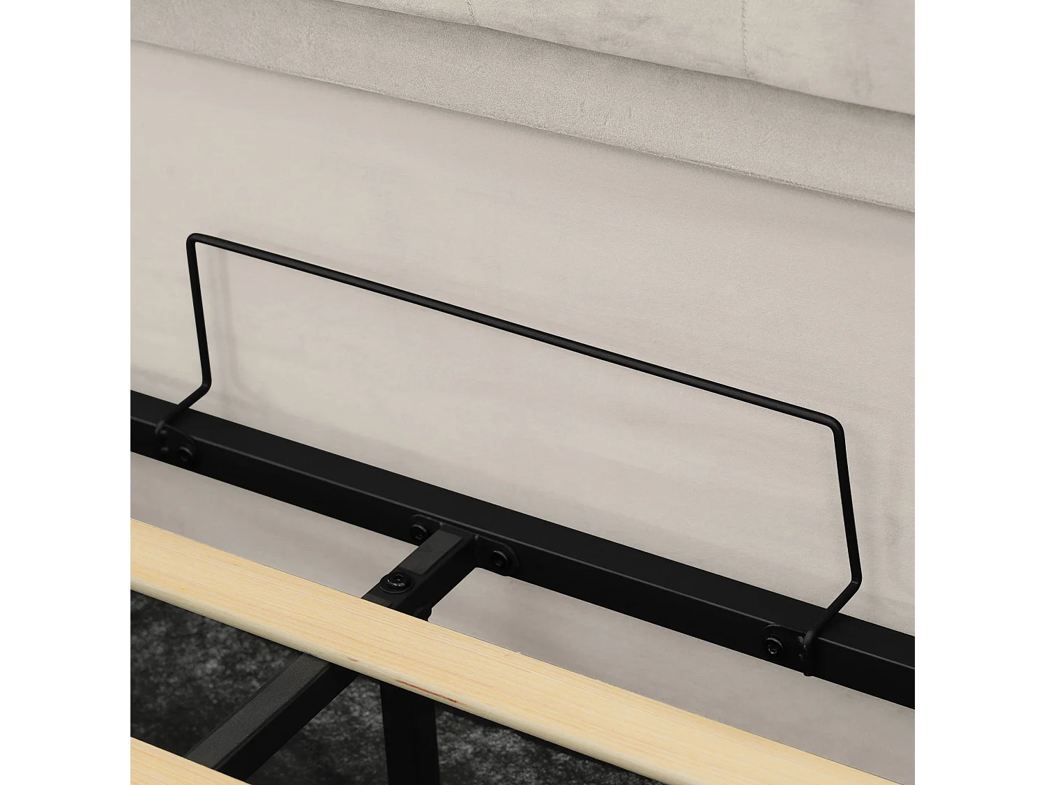 Lit double capitonné 140x190 cm, velours beige, avec LED, ports USB et Type-C, rangement hydraulique, sans matelas