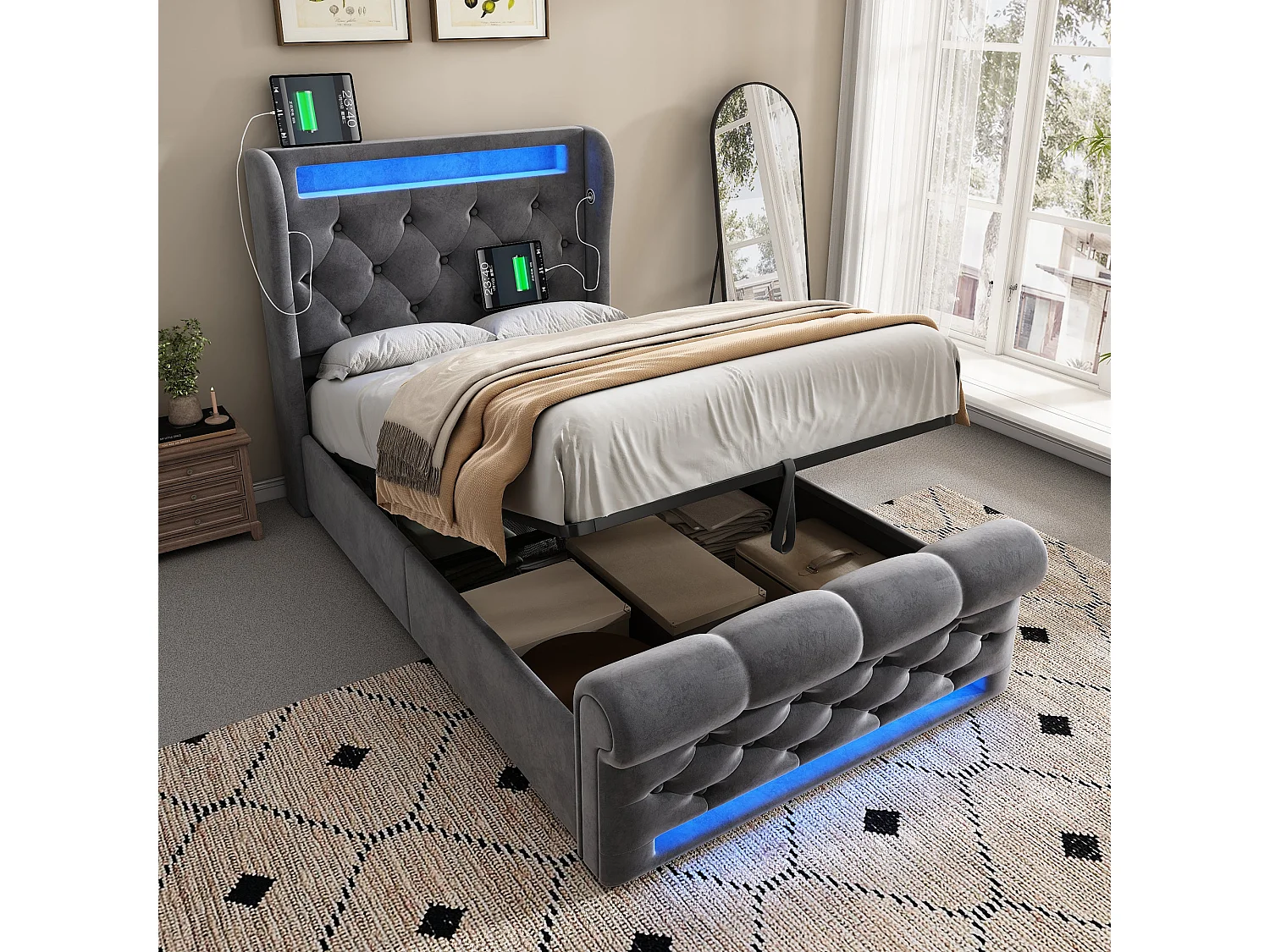 Lit simple capitonné 90x200 cm, velours gris, avec LED, ports USB et Type-C, rangement hydraulique, sans matelas