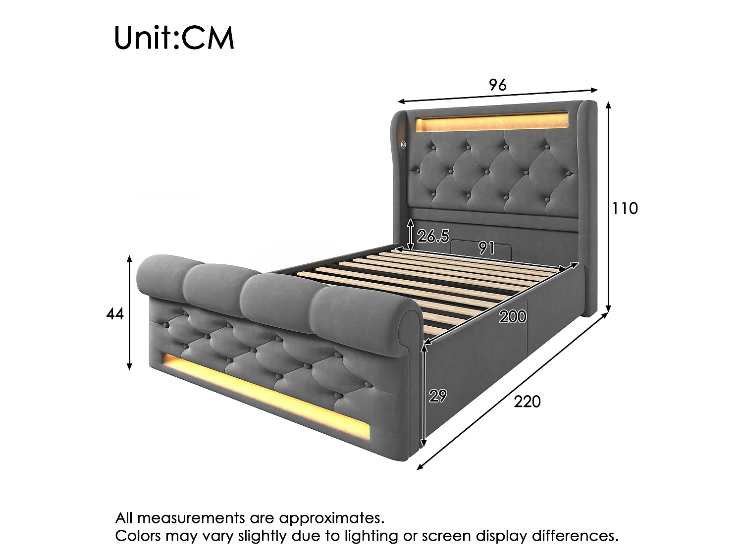 Lit simple capitonné 90x200 cm, velours gris, avec LED, ports USB et Type-C, rangement hydraulique, sans matelas