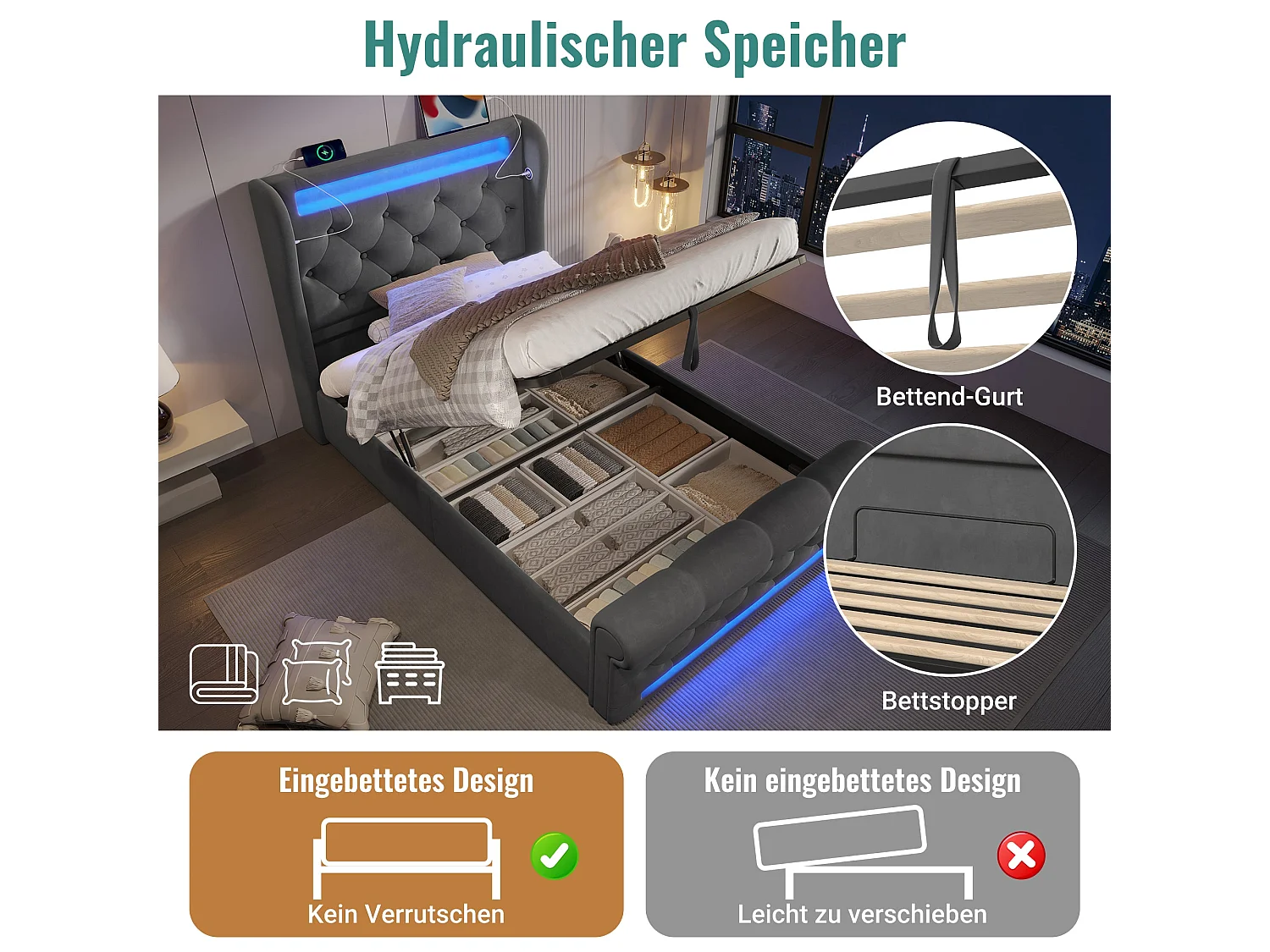 Lit simple capitonné 90x200 cm, velours gris, avec LED, ports USB et Type-C, rangement hydraulique, sans matelas