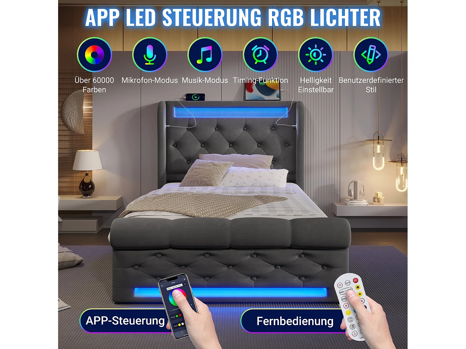 Lit simple capitonné 90x200 cm, velours gris, avec LED, ports USB et Type-C, rangement hydraulique, sans matelas