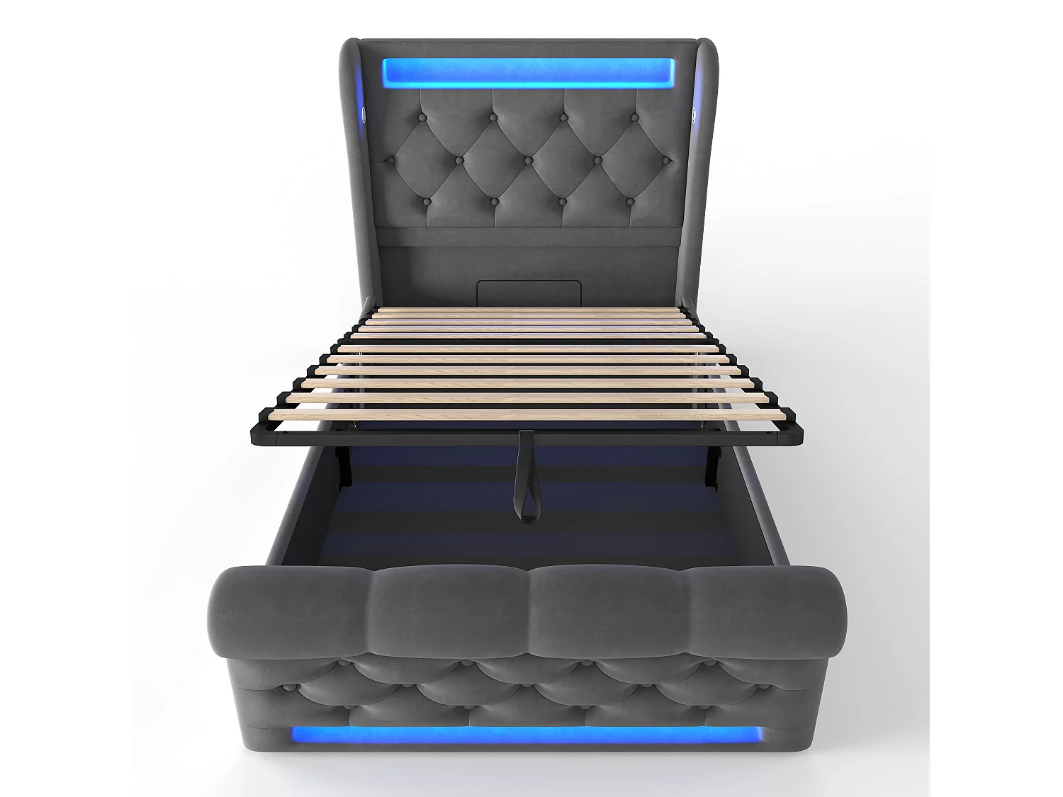 Lit simple capitonné 90x200 cm, velours gris, avec LED, ports USB et Type-C, rangement hydraulique, sans matelas