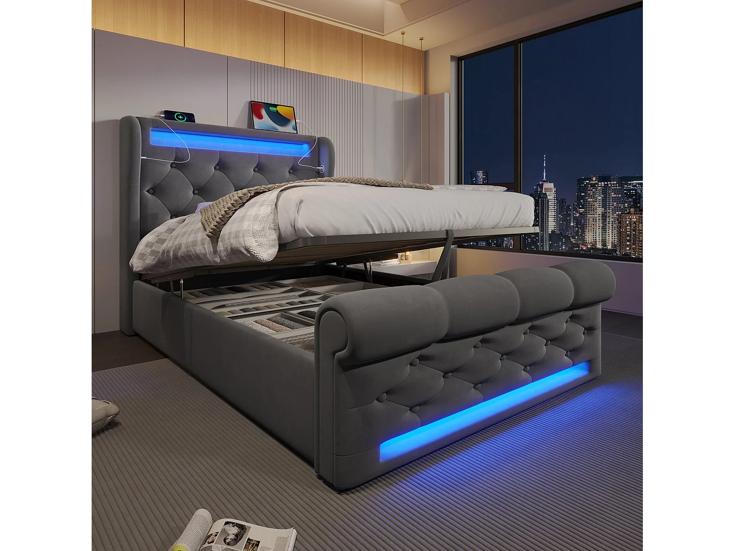 Lit simple capitonné 90x200 cm, velours gris, avec LED, ports USB et Type-C, rangement hydraulique, sans matelas
