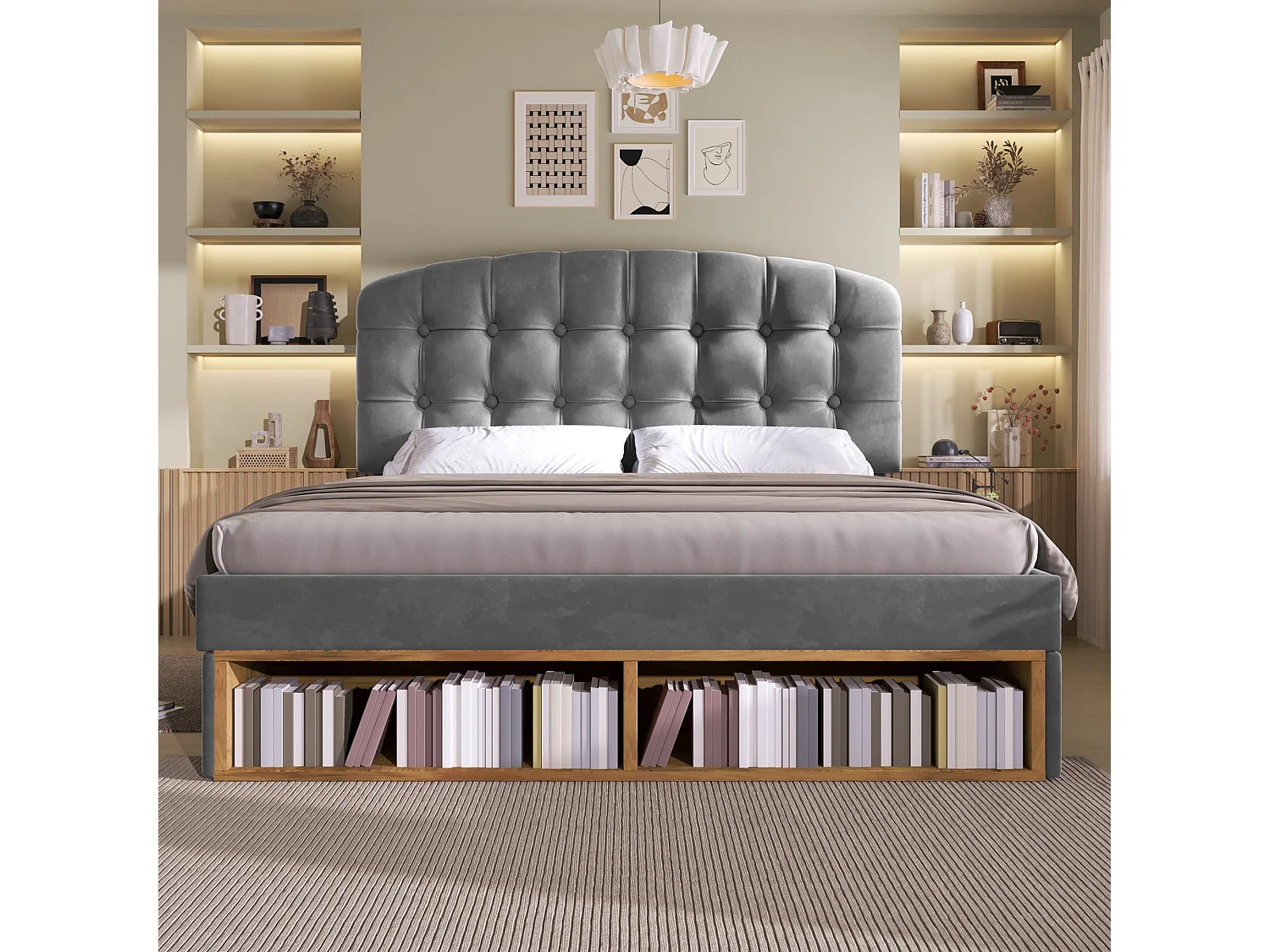 Lit double capitonné 140x190 cm, velours gris, avec rangement à tiroirs et étagères, tête de lit réglable, sans matelas