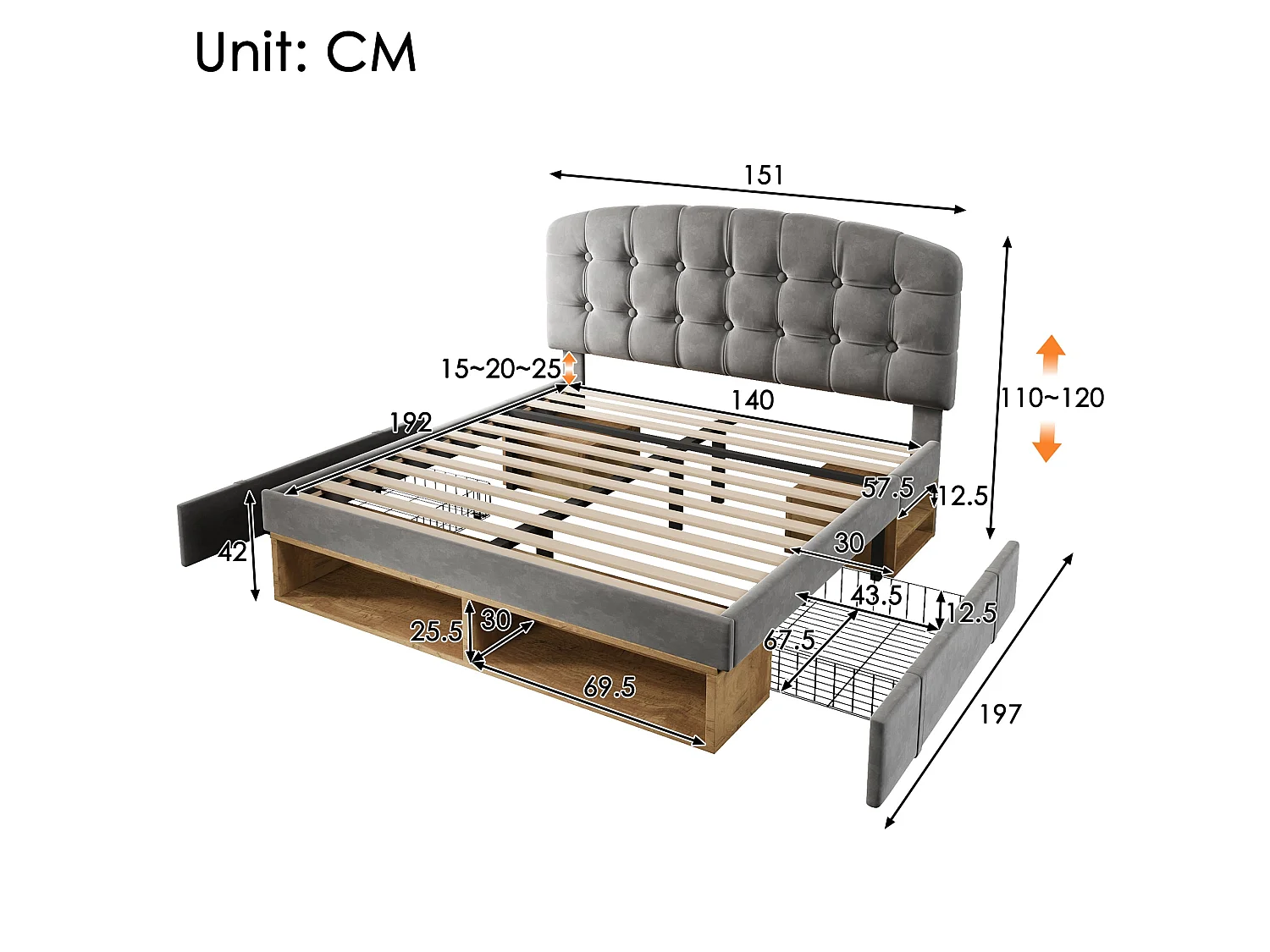 Lit double capitonné 140x190 cm, velours gris, avec rangement à tiroirs et étagères, tête de lit réglable, sans matelas