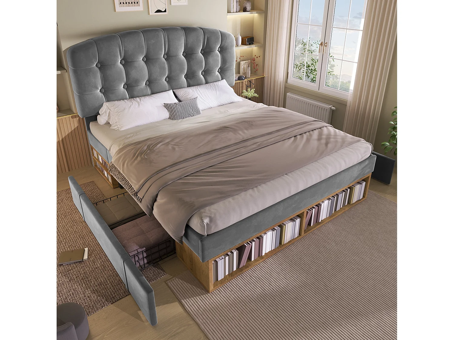 Lit double capitonné 140x190 cm, velours gris, avec rangement à tiroirs et étagères, tête de lit réglable, sans matelas